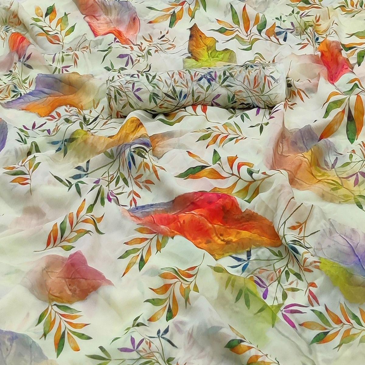 Lemon Yellow Casual Wear Floral Printed Georgette Saree - Peachmode