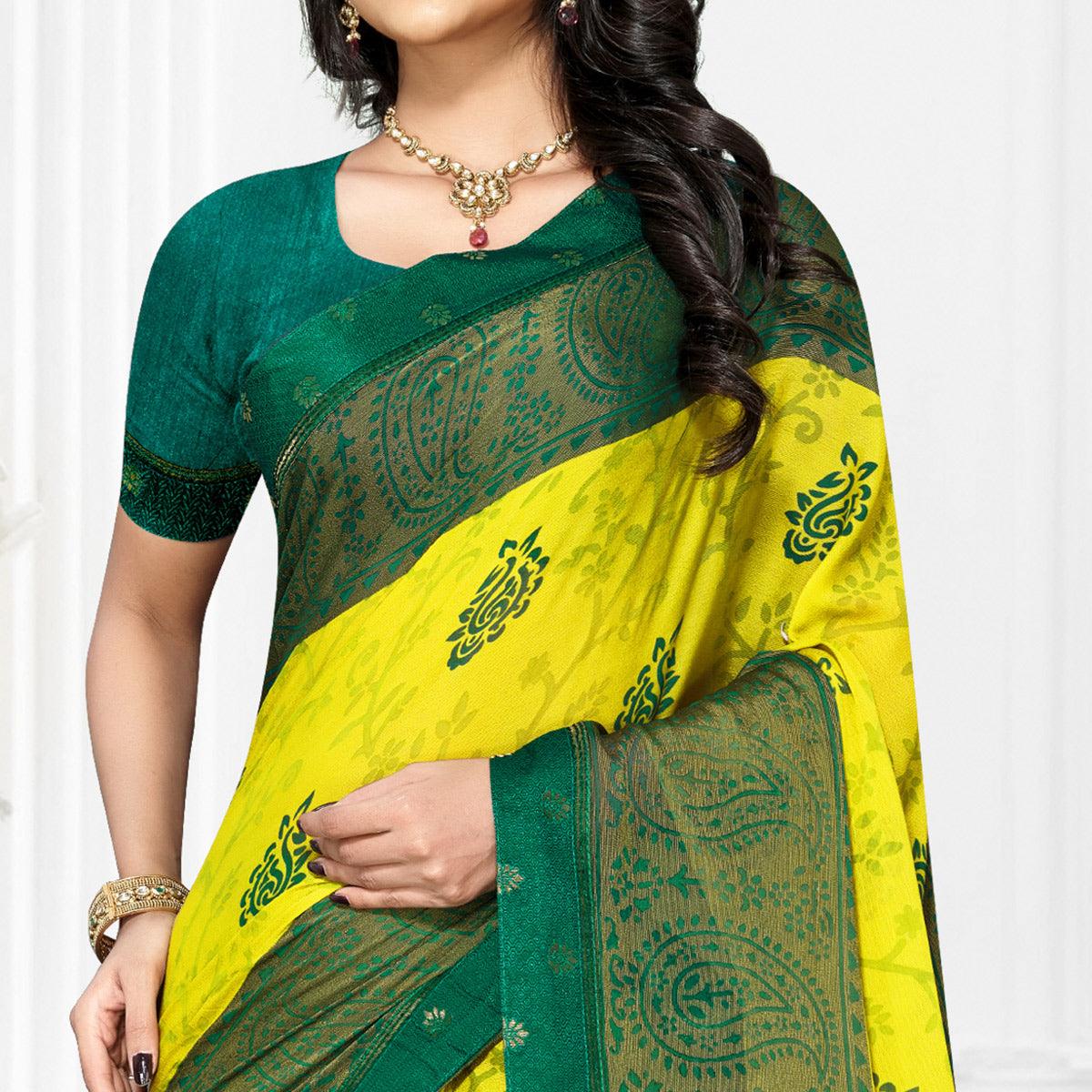 Lemon Yellow Casual Wear Printed Brasso Chiffon Saree - Peachmode