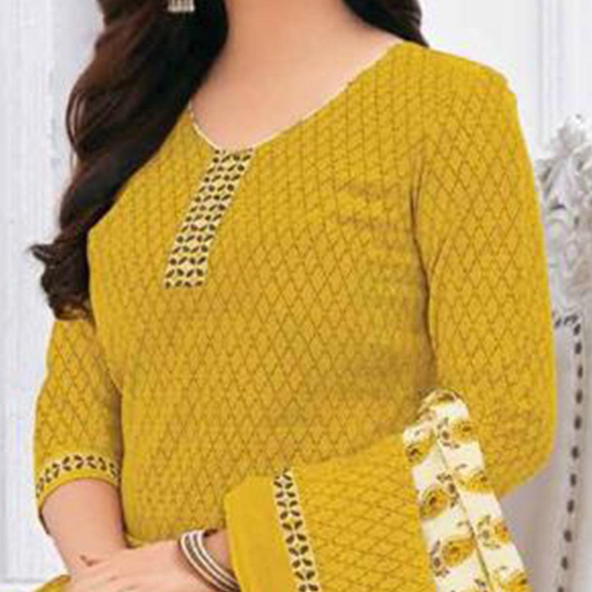 Lemon Yellow Casual Wear Printed Leon Patiala Dress Material - Peachmode
