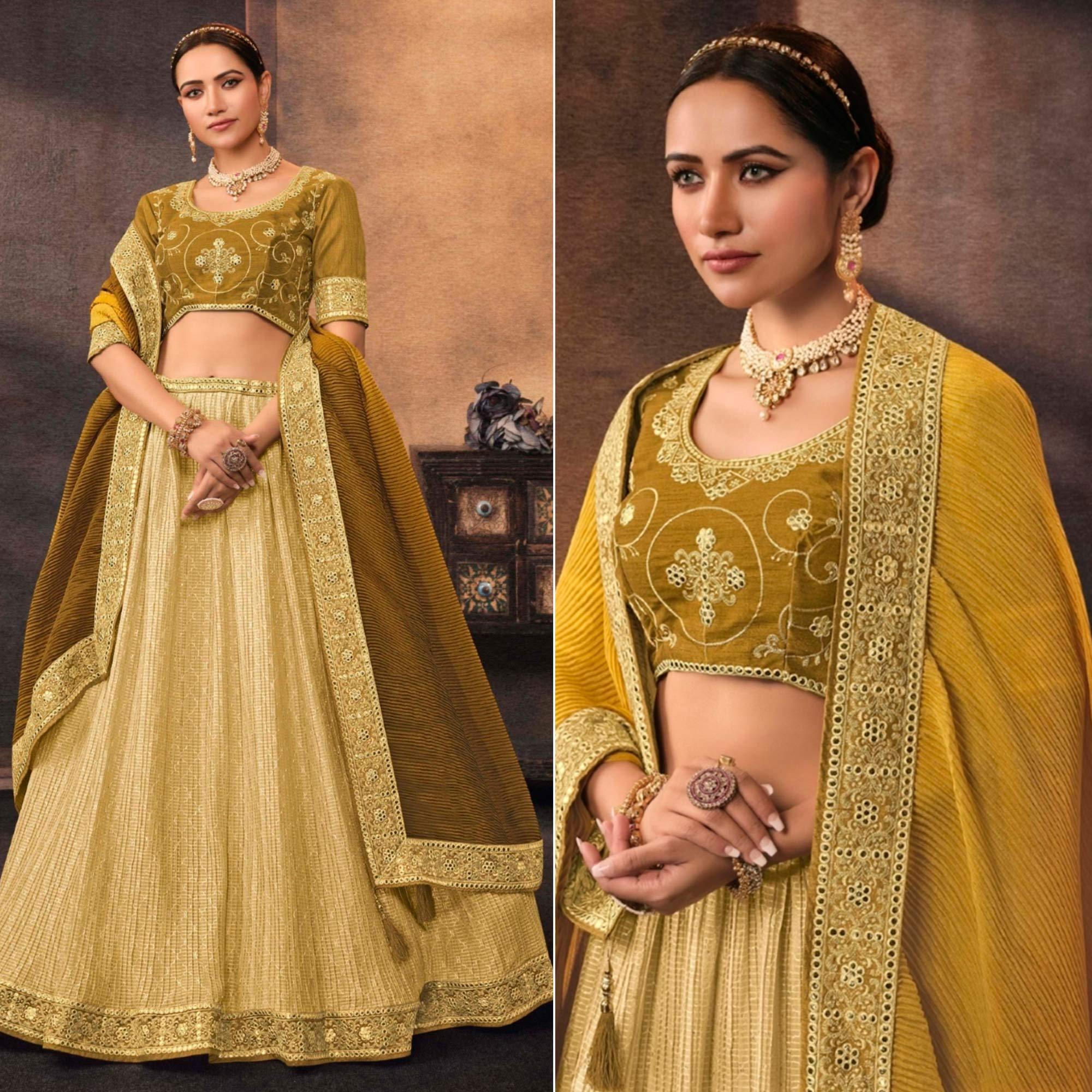 Lemon Yellow Embroidered Chiffon Lehenga Choli - Peachmode