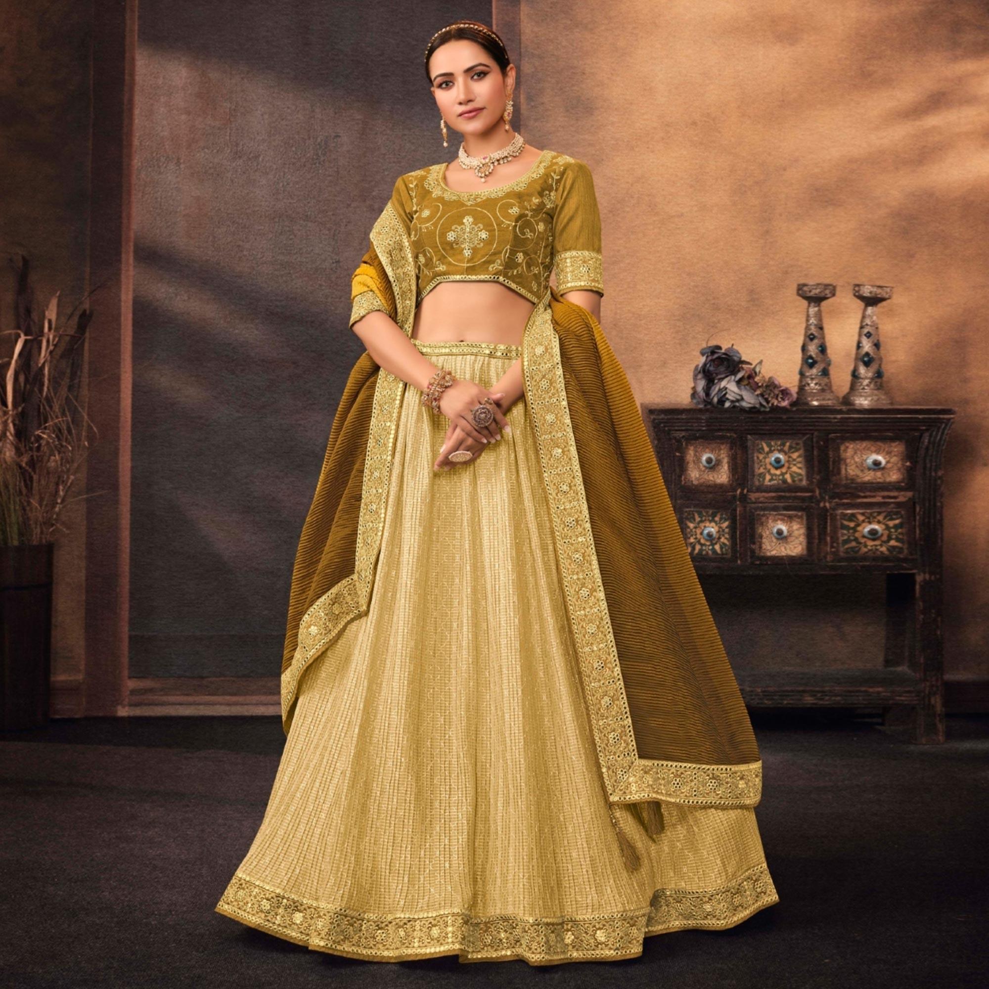 Lemon Yellow Embroidered Chiffon Lehenga Choli - Peachmode
