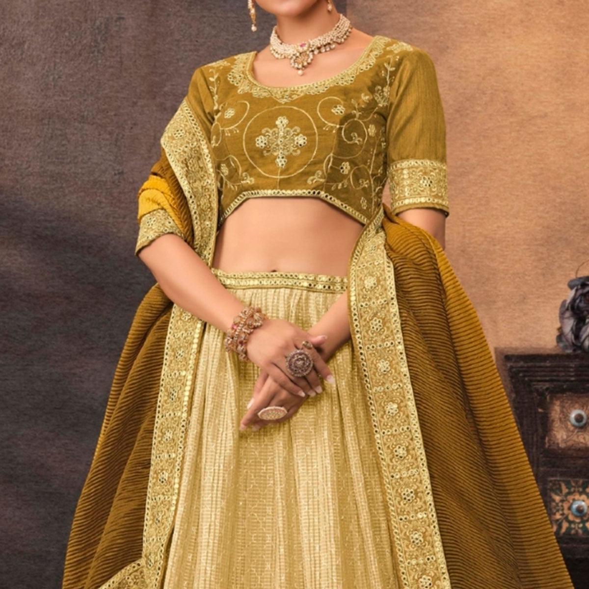 Lemon Yellow Embroidered Chiffon Lehenga Choli - Peachmode