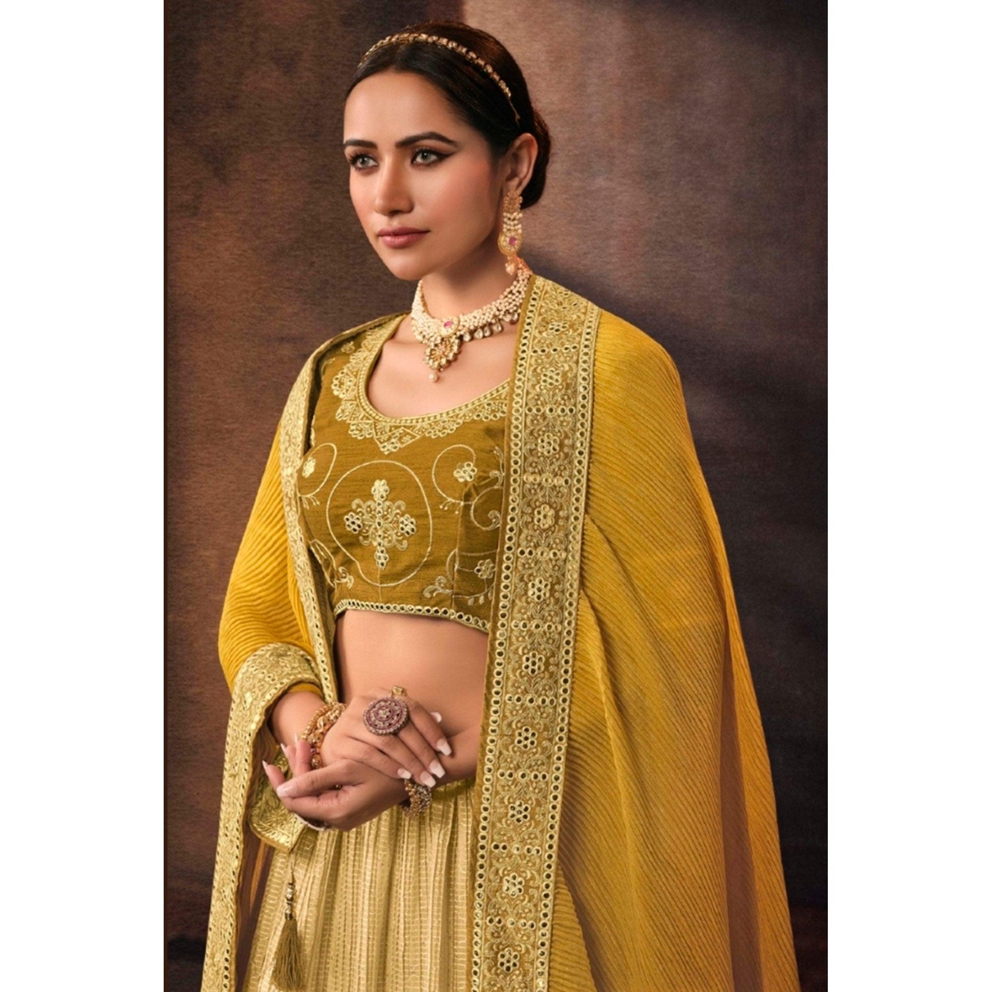 Lemon Yellow Embroidered Chiffon Lehenga Choli - Peachmode