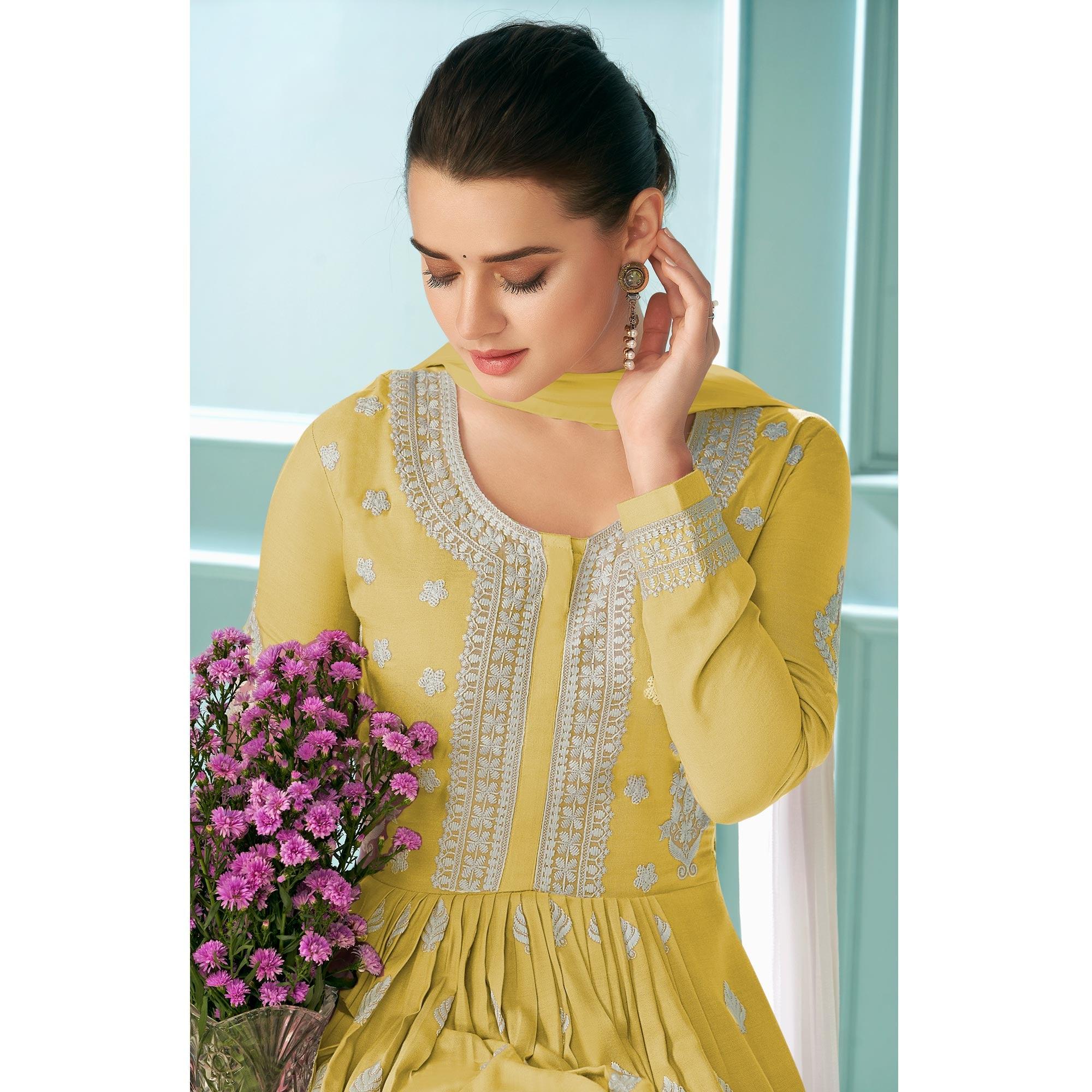 Lemon Yellow Embroidered With Embellished Rayon Kurti Palazzo Suit - Peachmode
