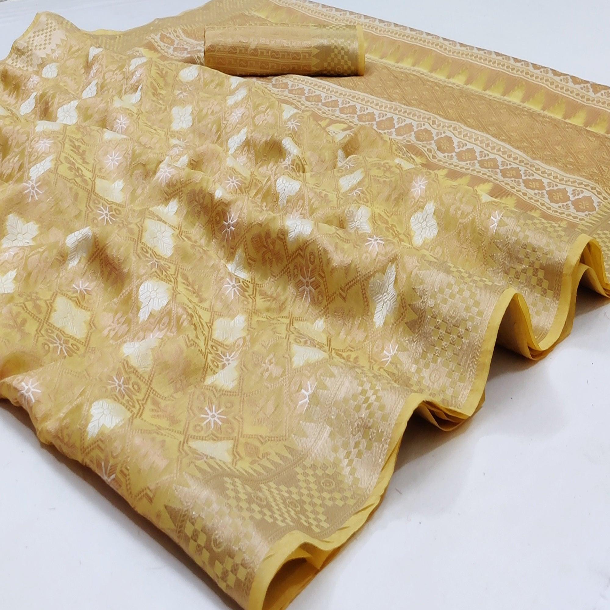 Lemon Yellow Festive Wear Woven Art Silk Saree - Peachmode