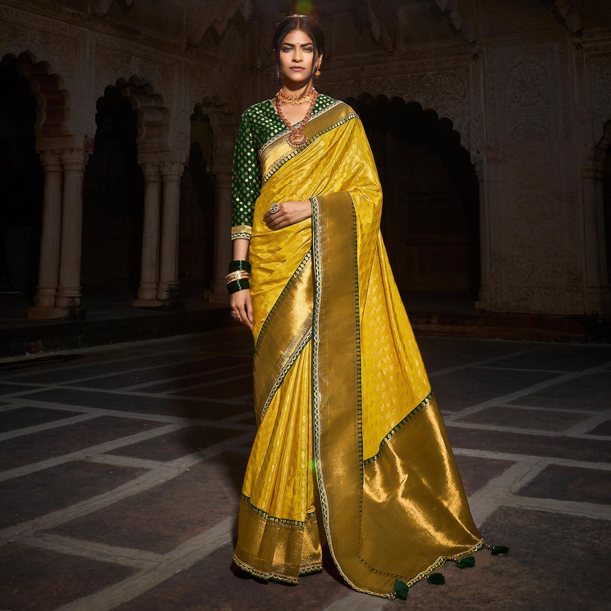 Lemon Yellow Festive Wear Woven Silk Saree - Peachmode