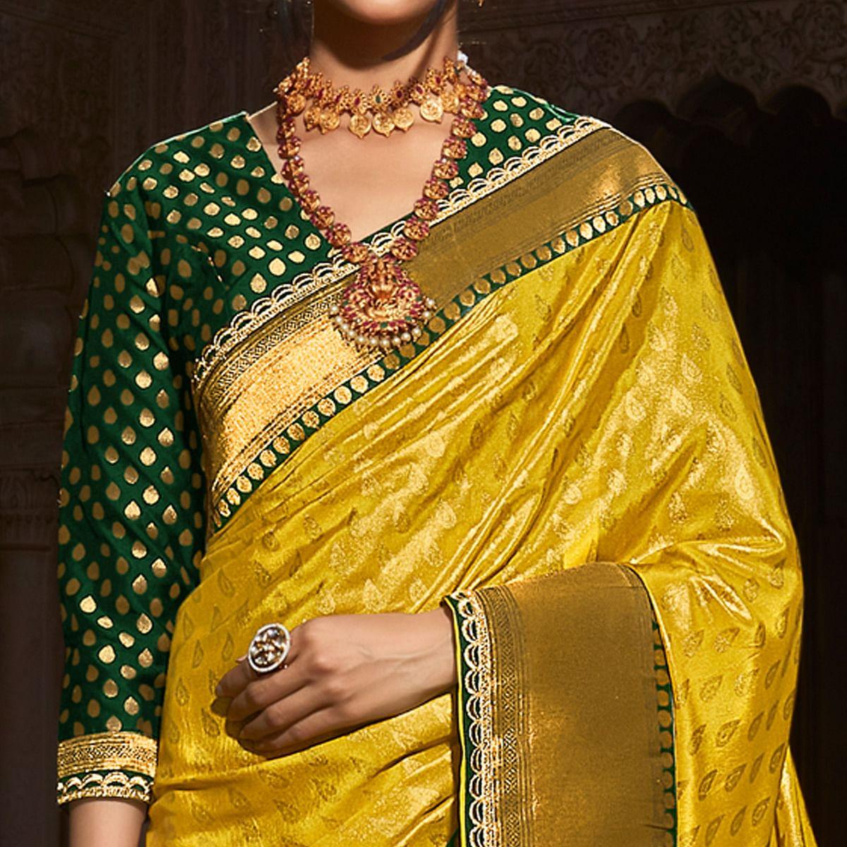 Lemon Yellow Festive Wear Woven Silk Saree - Peachmode