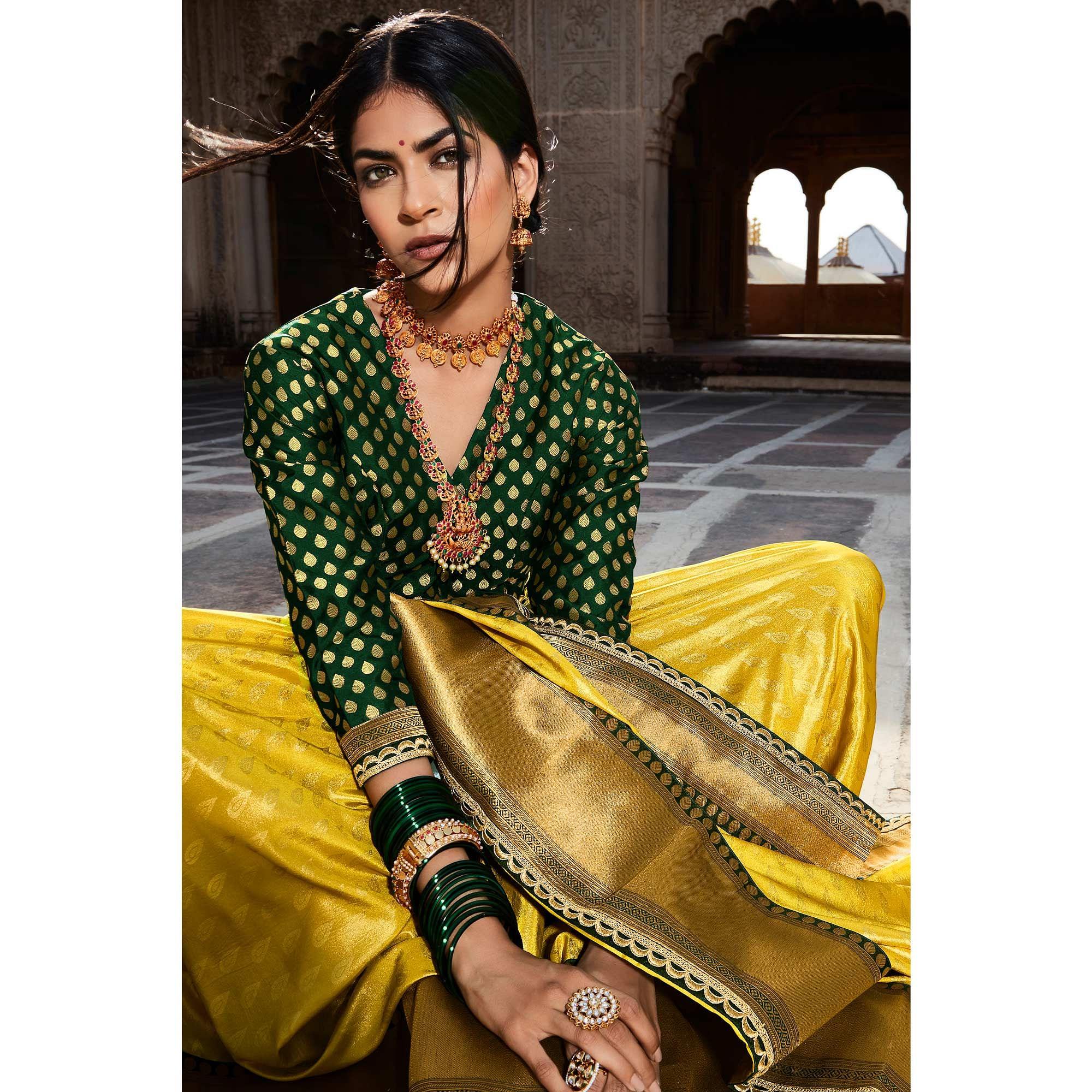 Lemon Yellow Festive Wear Woven Silk Saree - Peachmode