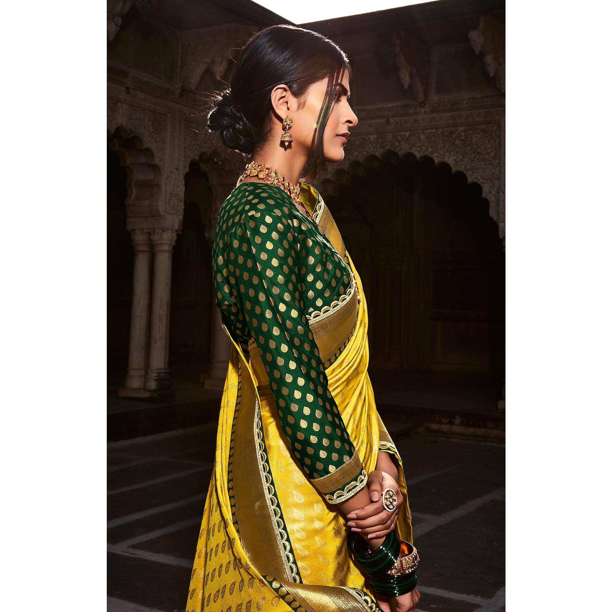 Lemon Yellow Festive Wear Woven Silk Saree - Peachmode