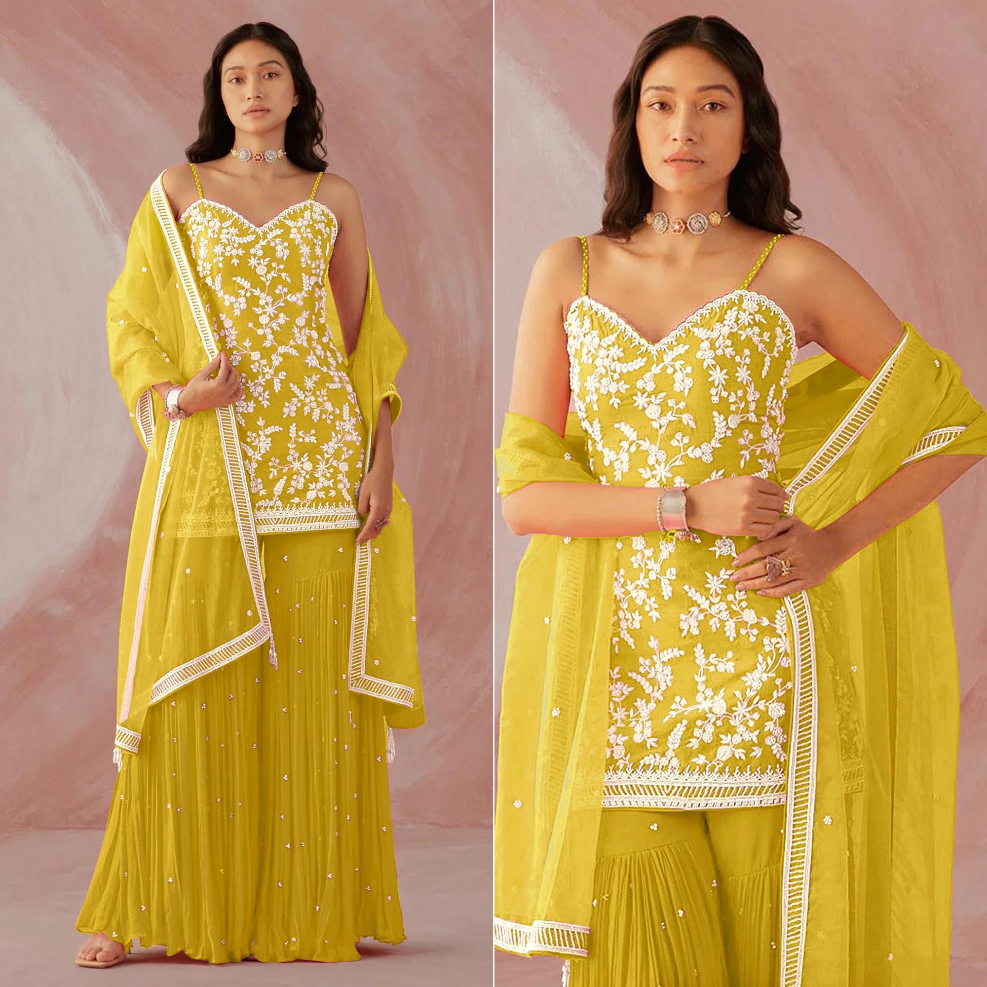Lemon Yellow Floral Sequence Embroidered Georgette Sharara Suit - Peachmode