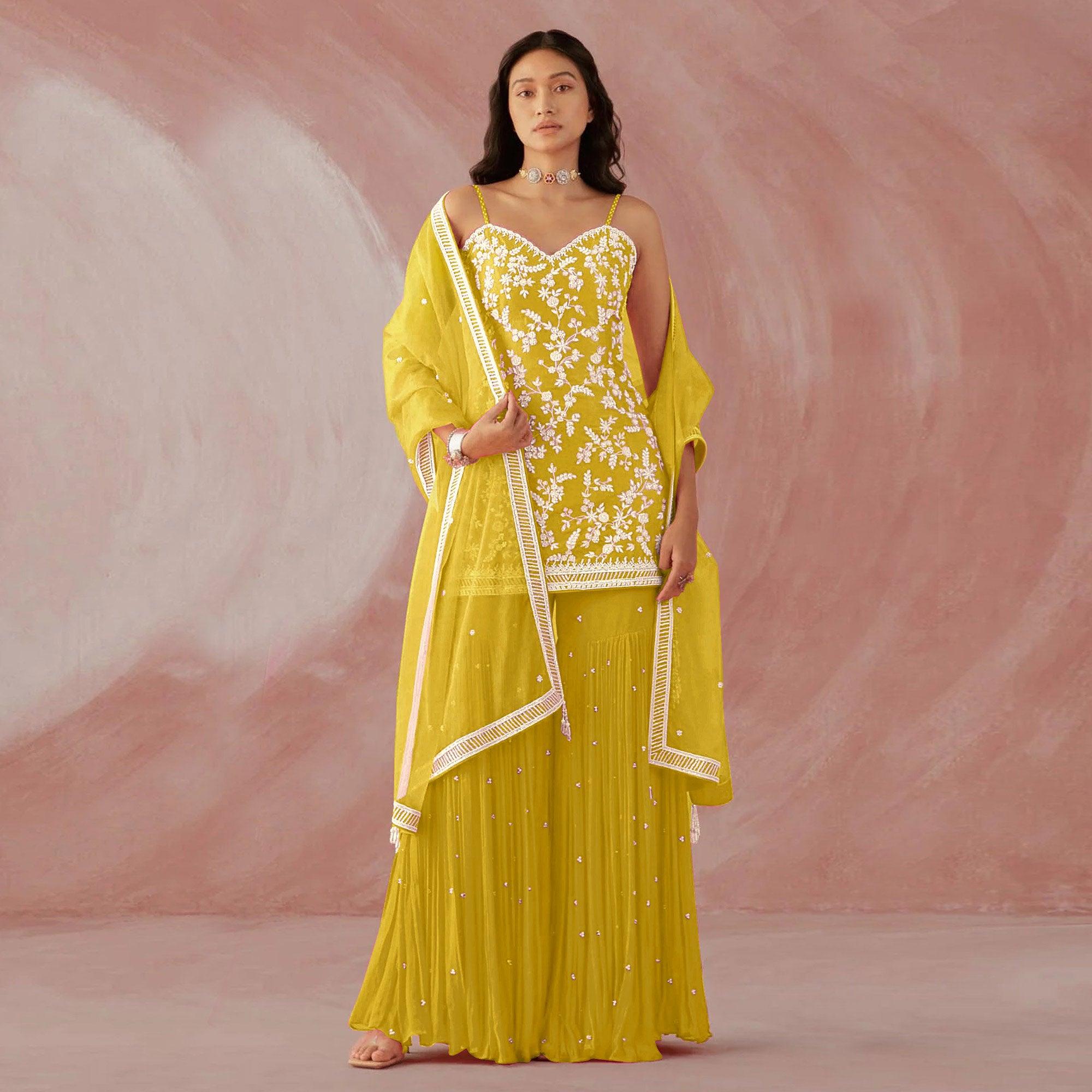 Lemon Yellow Floral Sequence Embroidered Georgette Sharara Suit - Peachmode