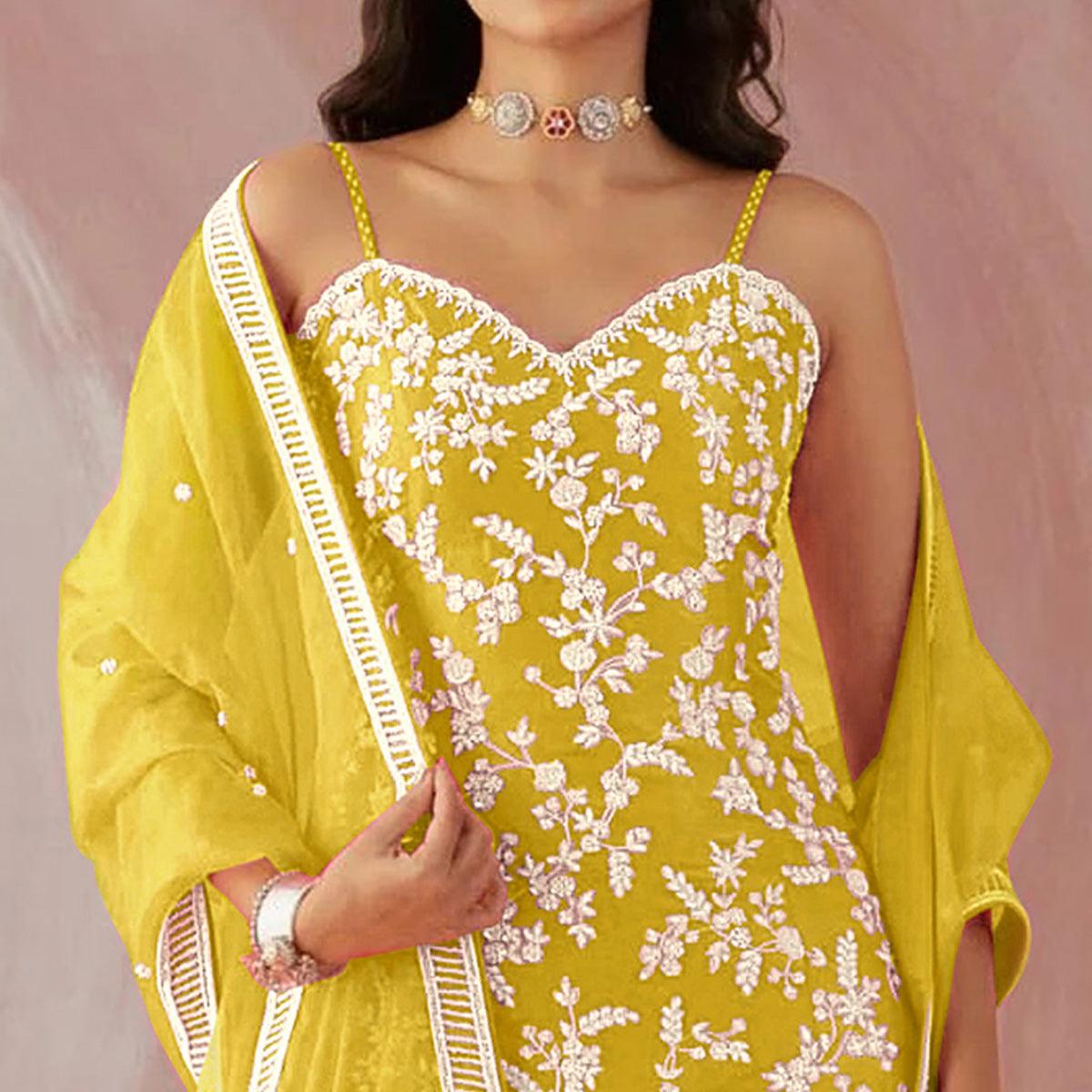 Lemon Yellow Floral Sequence Embroidered Georgette Sharara Suit - Peachmode