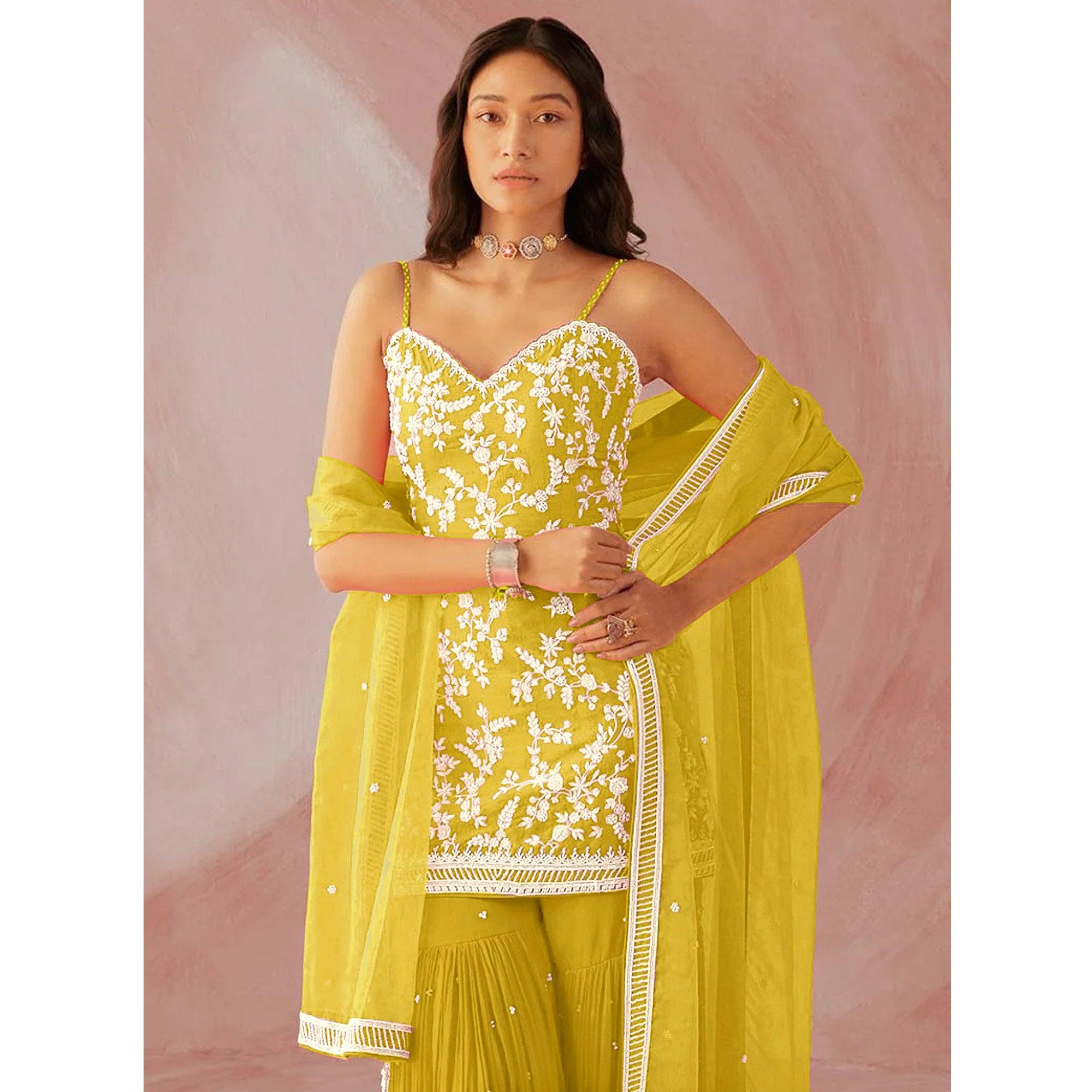 Lemon Yellow Floral Sequence Embroidered Georgette Sharara Suit - Peachmode