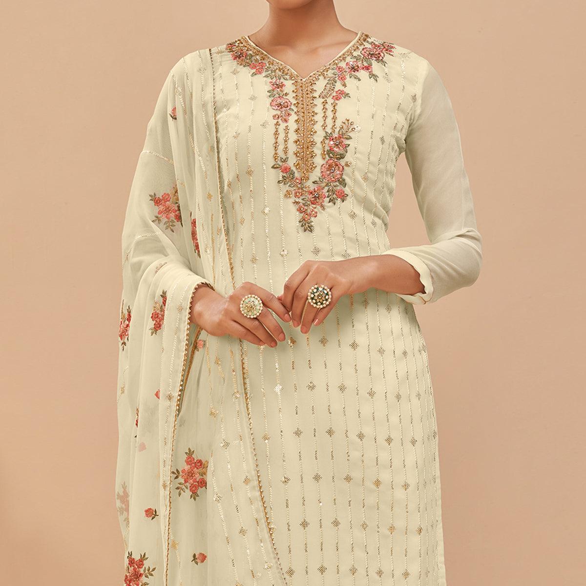 Lemon Yellow Party Wear Embroidered Georgette Suit - Peachmode