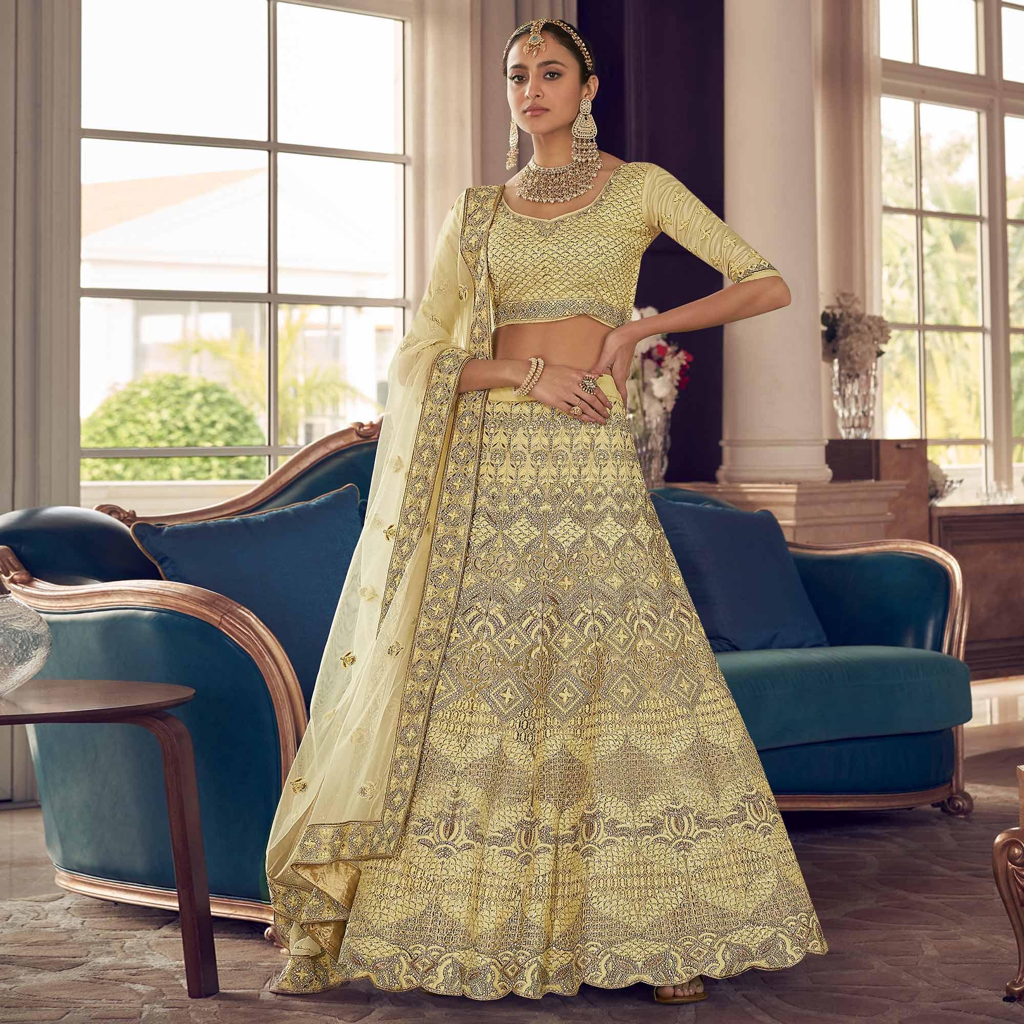Lemon Yellow Partywear Embroidered Organza Lehenga Choli - Peachmode
