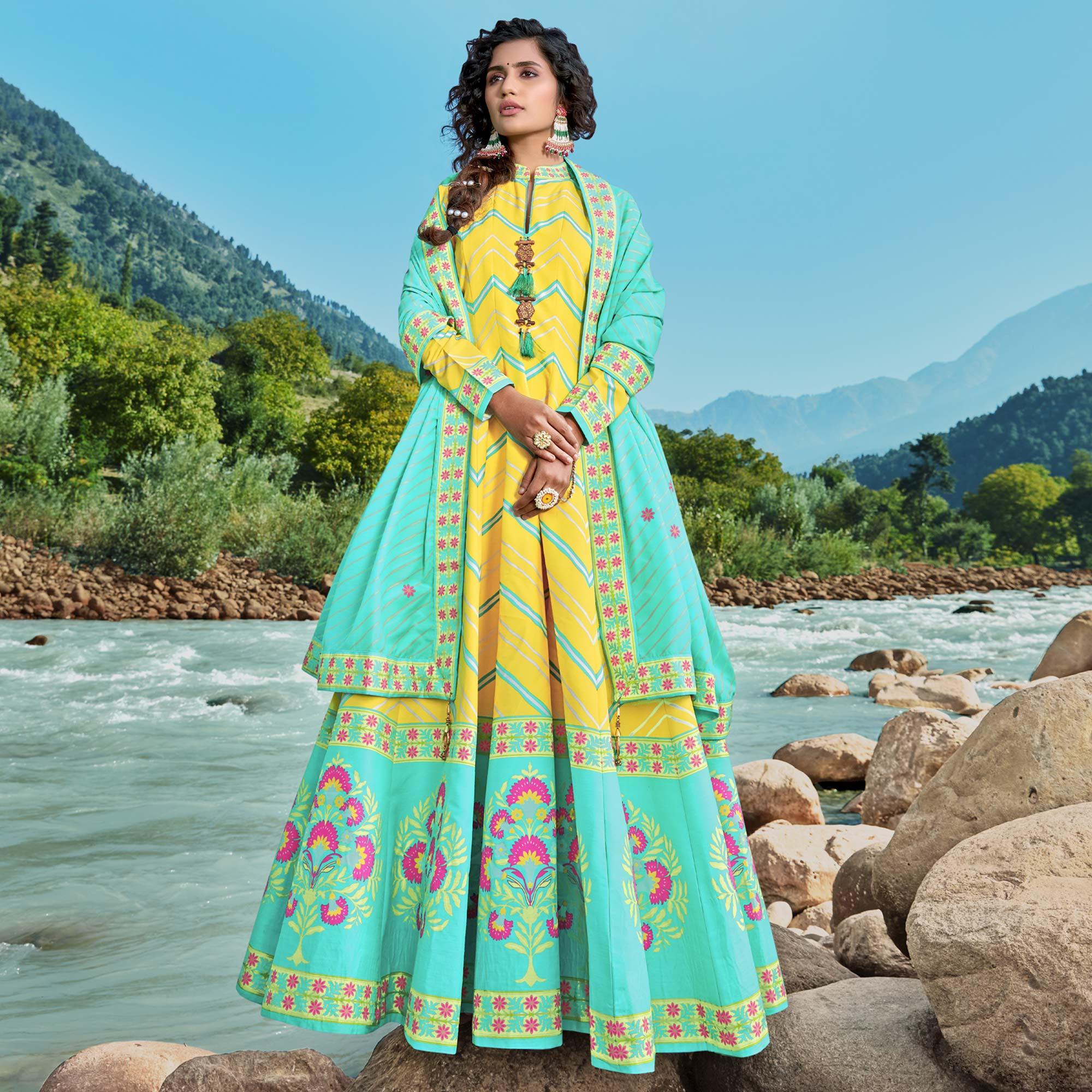Lemon Yellow Partywear Patola Digital Printed Killer Silk Anarkali Suit - Peachmode