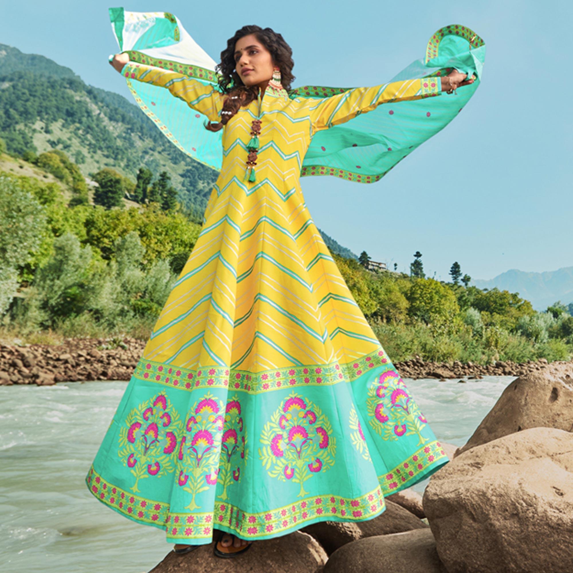 Lemon Yellow Partywear Patola Digital Printed Killer Silk Anarkali Suit - Peachmode