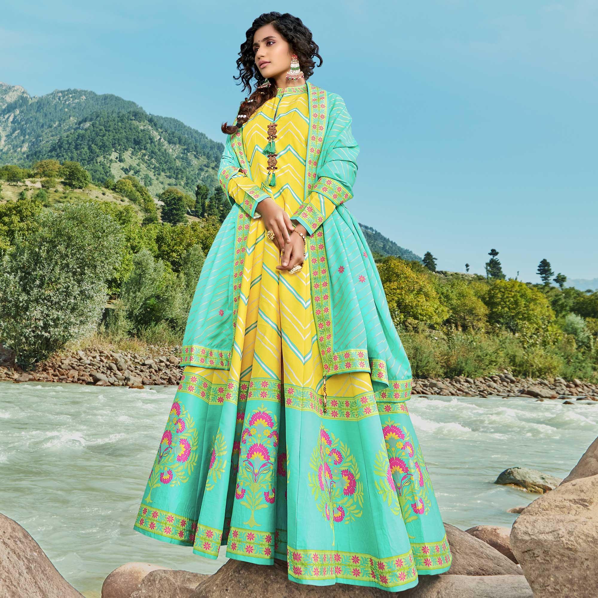 Lemon Yellow Partywear Patola Digital Printed Killer Silk Anarkali Suit - Peachmode