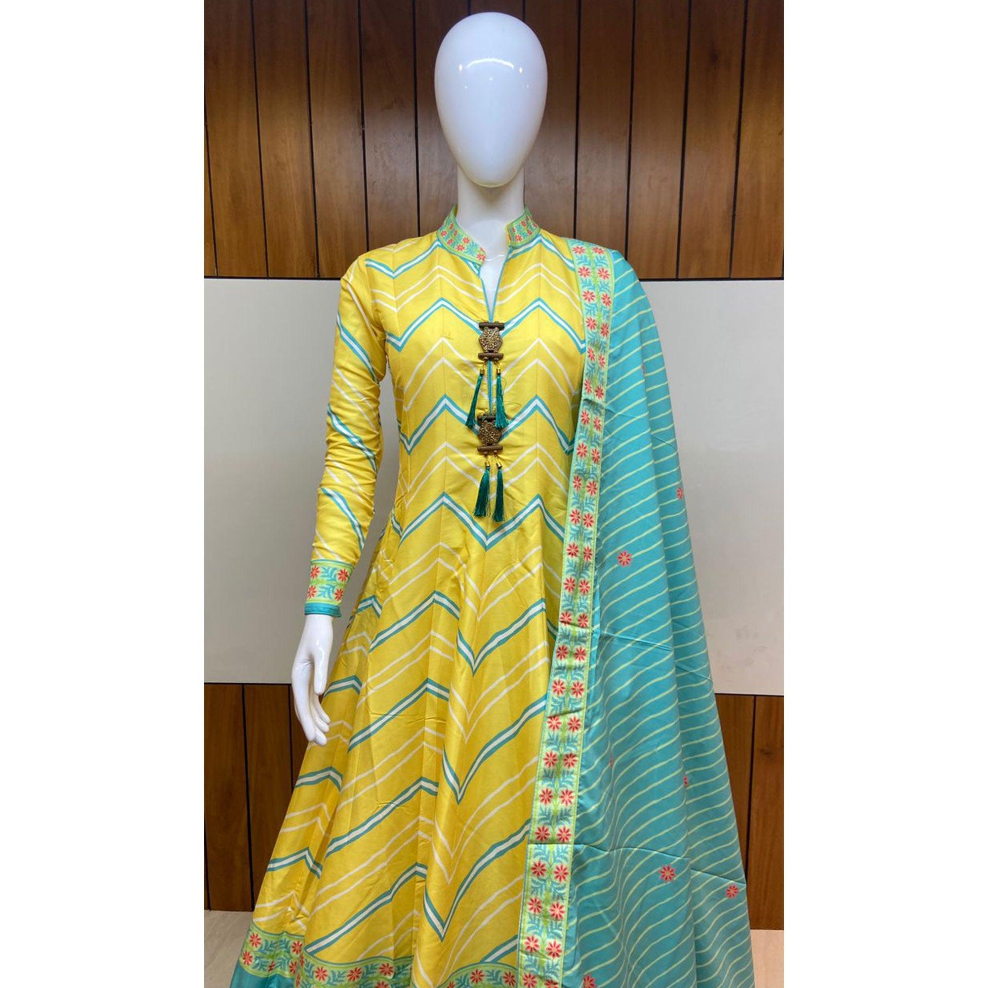 Lemon Yellow Partywear Patola Digital Printed Killer Silk Anarkali Suit - Peachmode