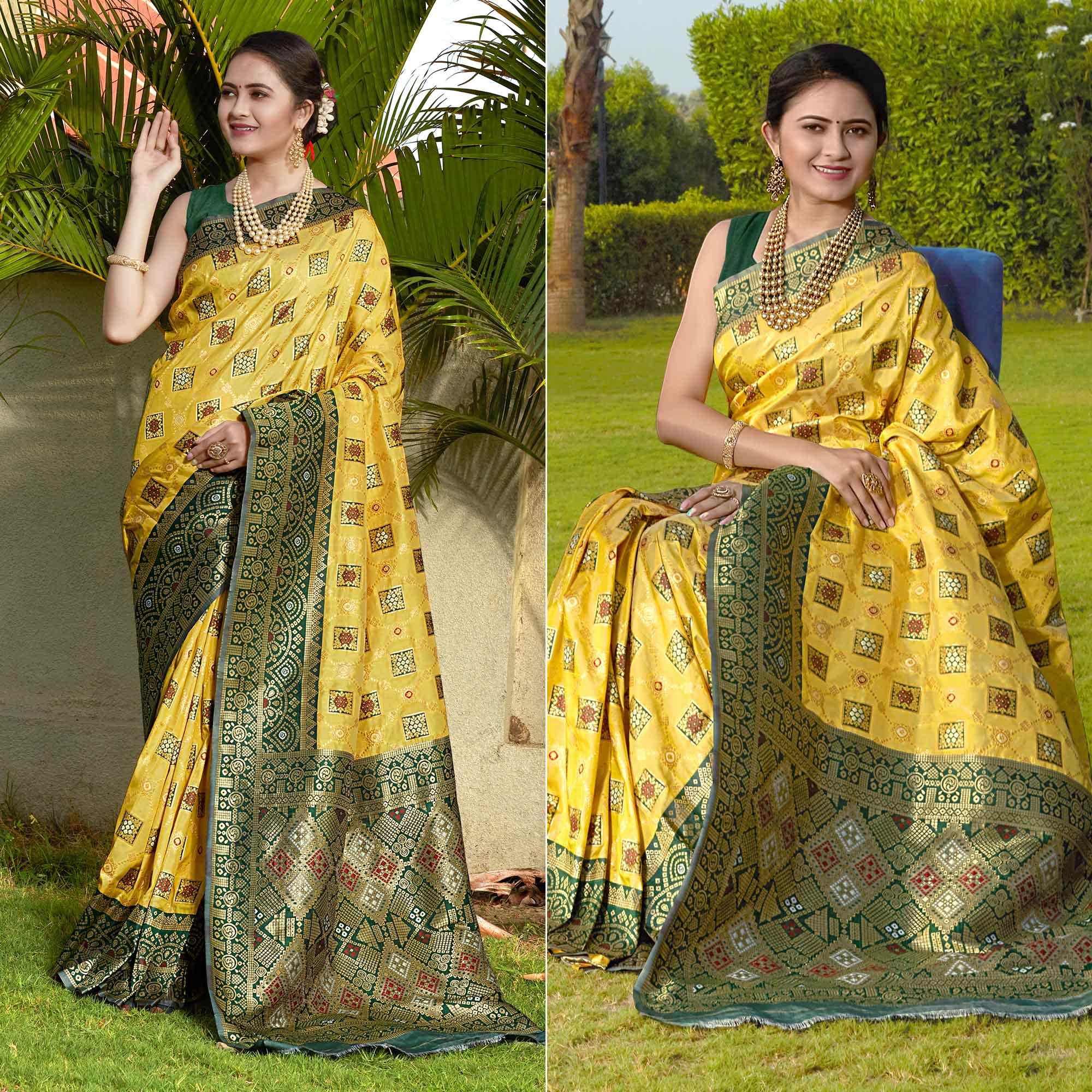 Lemon Yellow Woven Banarasi Silk Saree - Peachmode