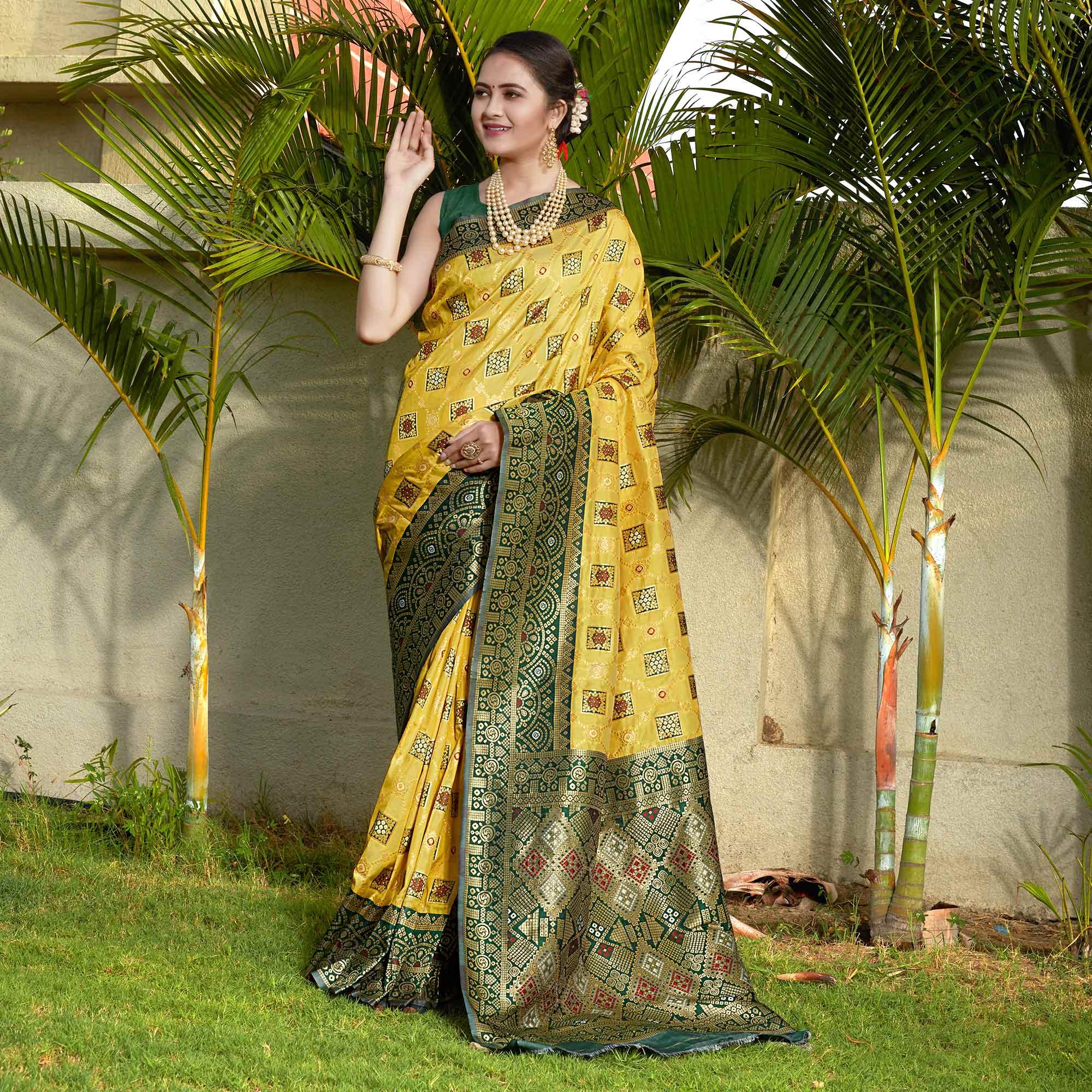 Lemon Yellow Woven Banarasi Silk Saree - Peachmode