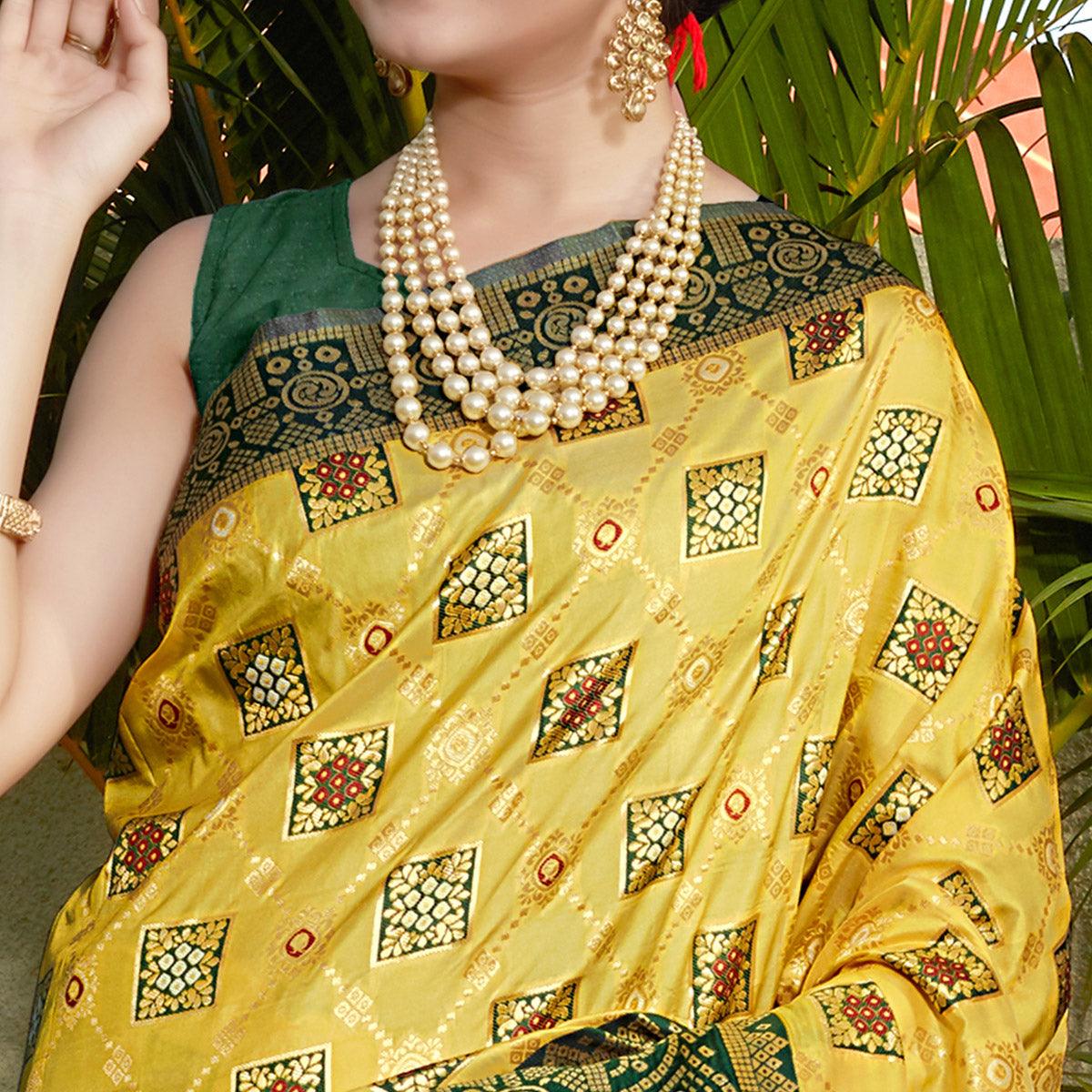 Lemon Yellow Woven Banarasi Silk Saree - Peachmode