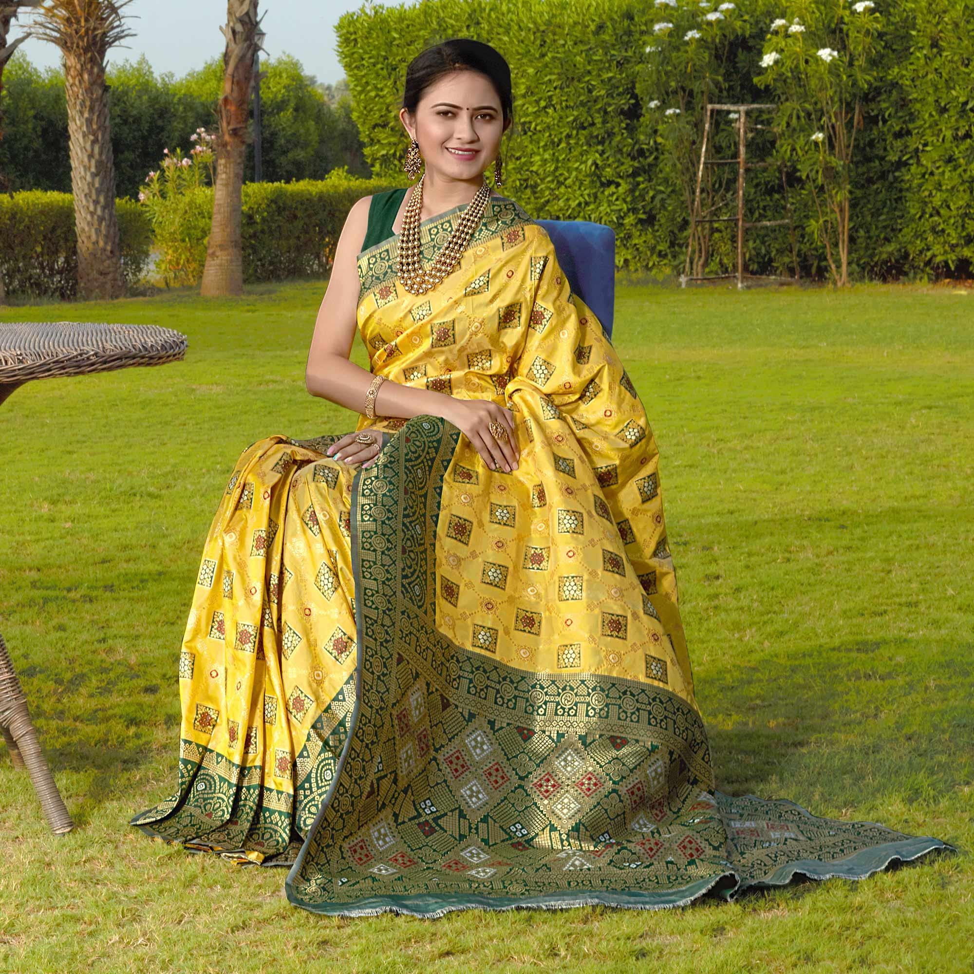 Lemon Yellow Woven Banarasi Silk Saree - Peachmode