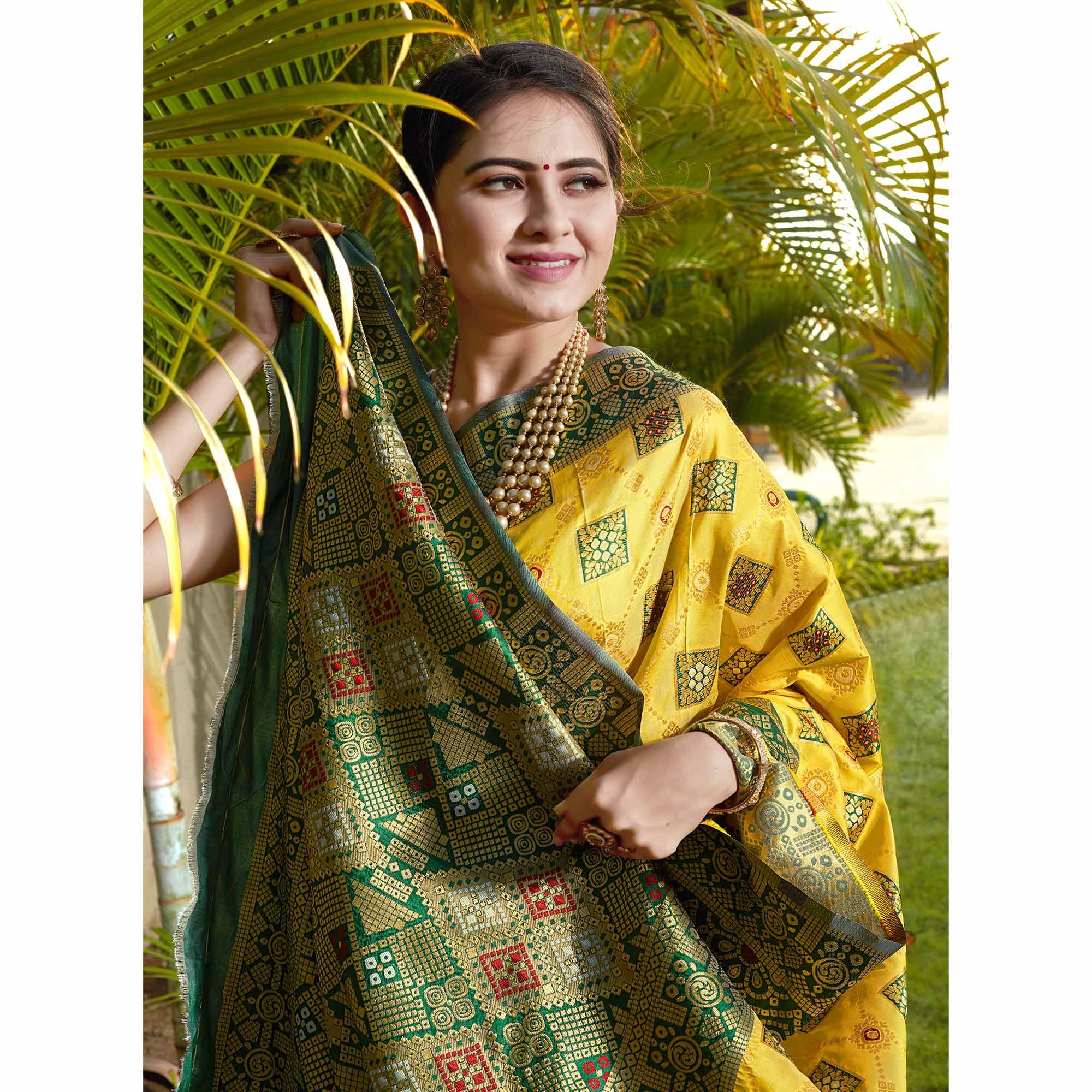Lemon Yellow Woven Banarasi Silk Saree - Peachmode