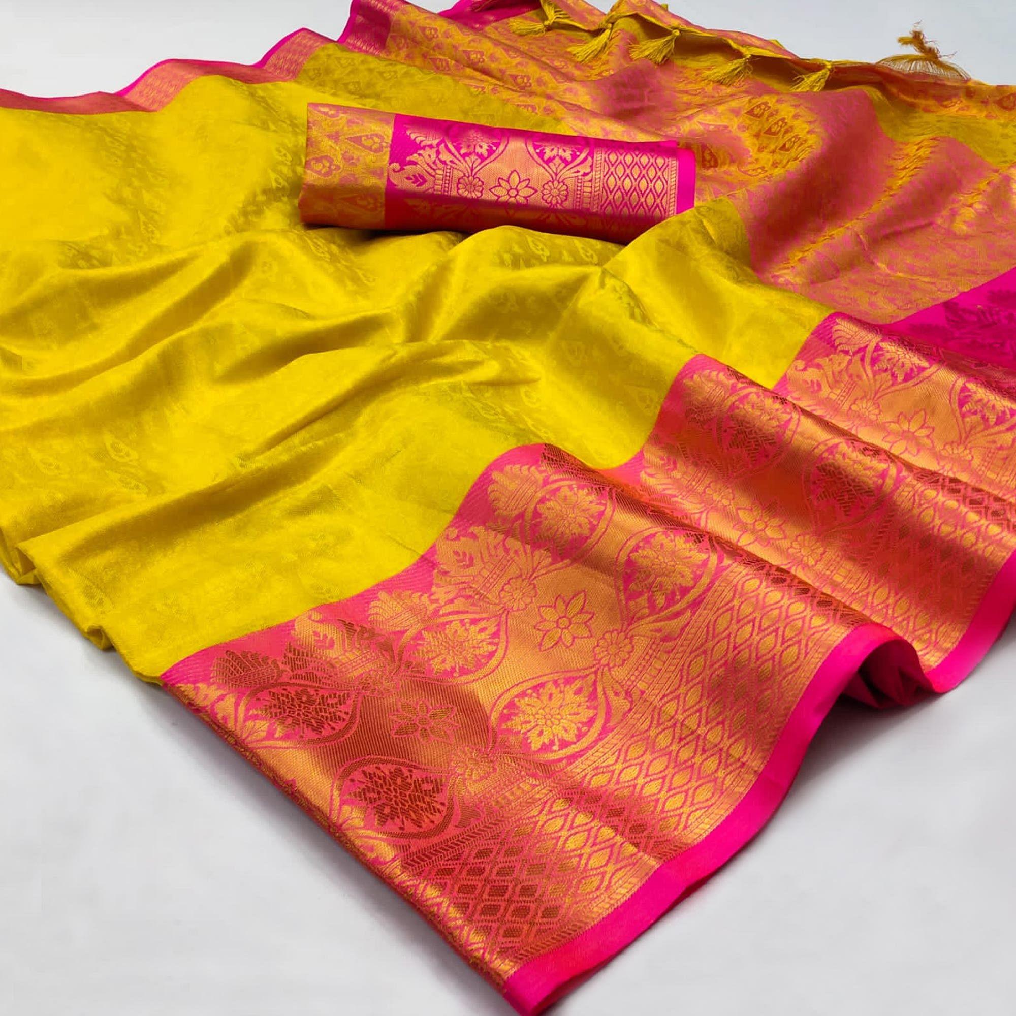 Lemon Yellow Woven Cotton Silk Saree - Peachmode
