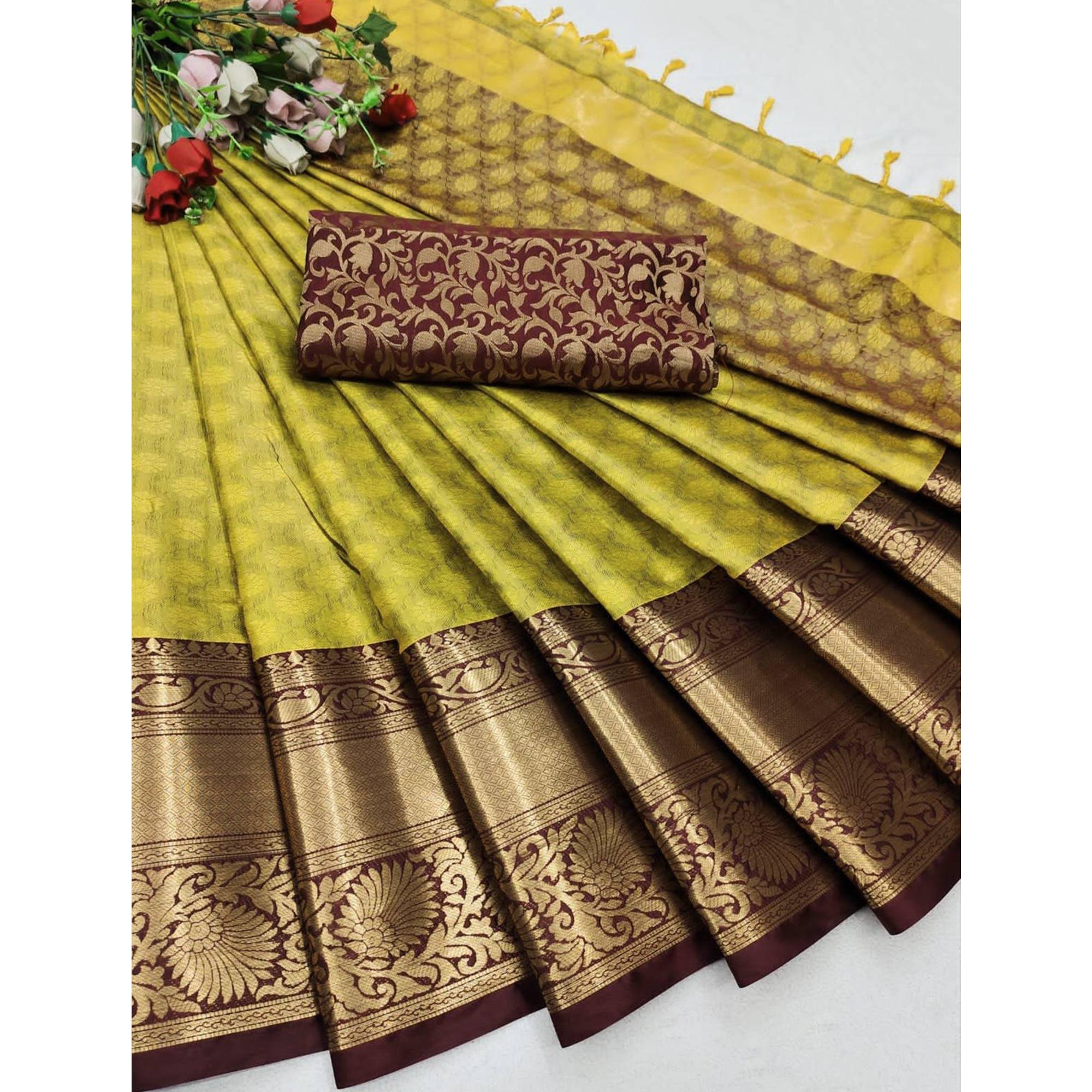 Lemon Yellow Woven Cotton Silk Saree - Peachmode