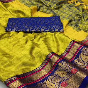 Lemon Yellow Woven Cotton Silk Saree With Tassels - Peachmode