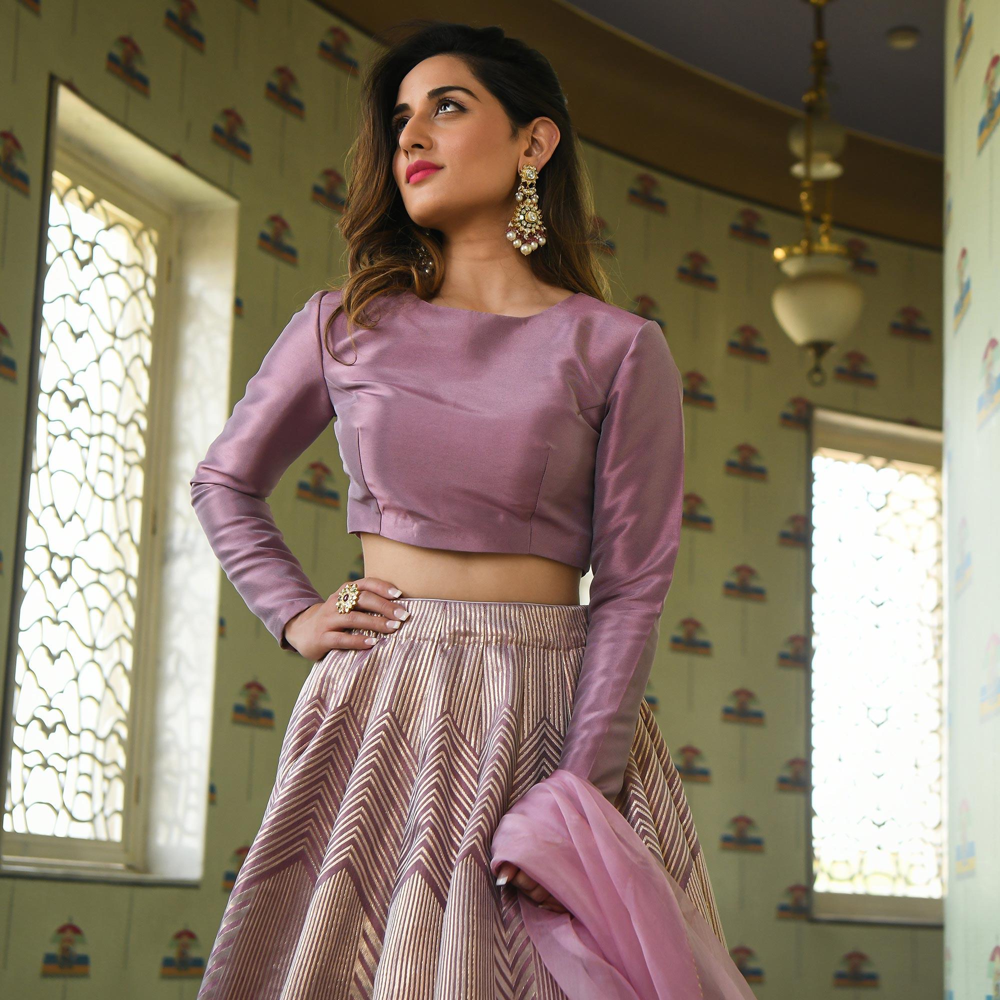 Levender Partywear Woven Zari Jacquard Lehenga Choli - Peachmode