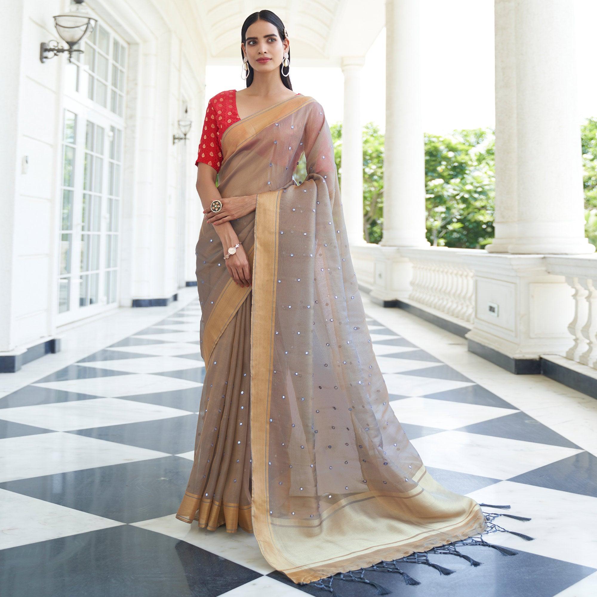 Light Beige Festive Wear Mirror Work Handloom Silk Saree - Peachmode
