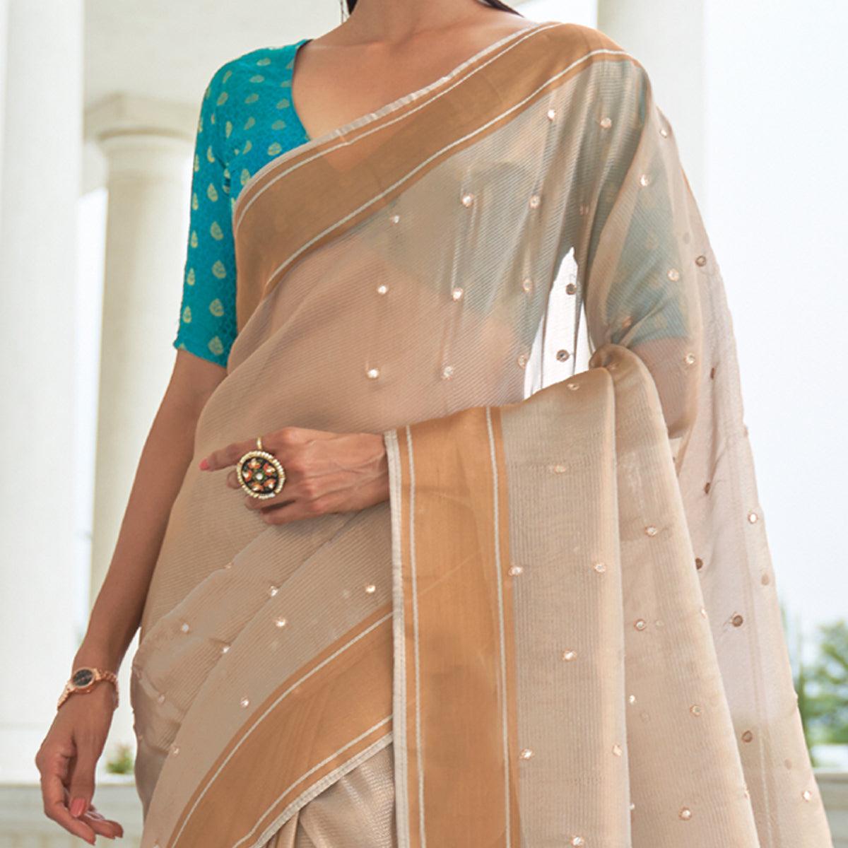 Light Beige Festive Wear Mirror Work Handloom Silk Saree - Peachmode