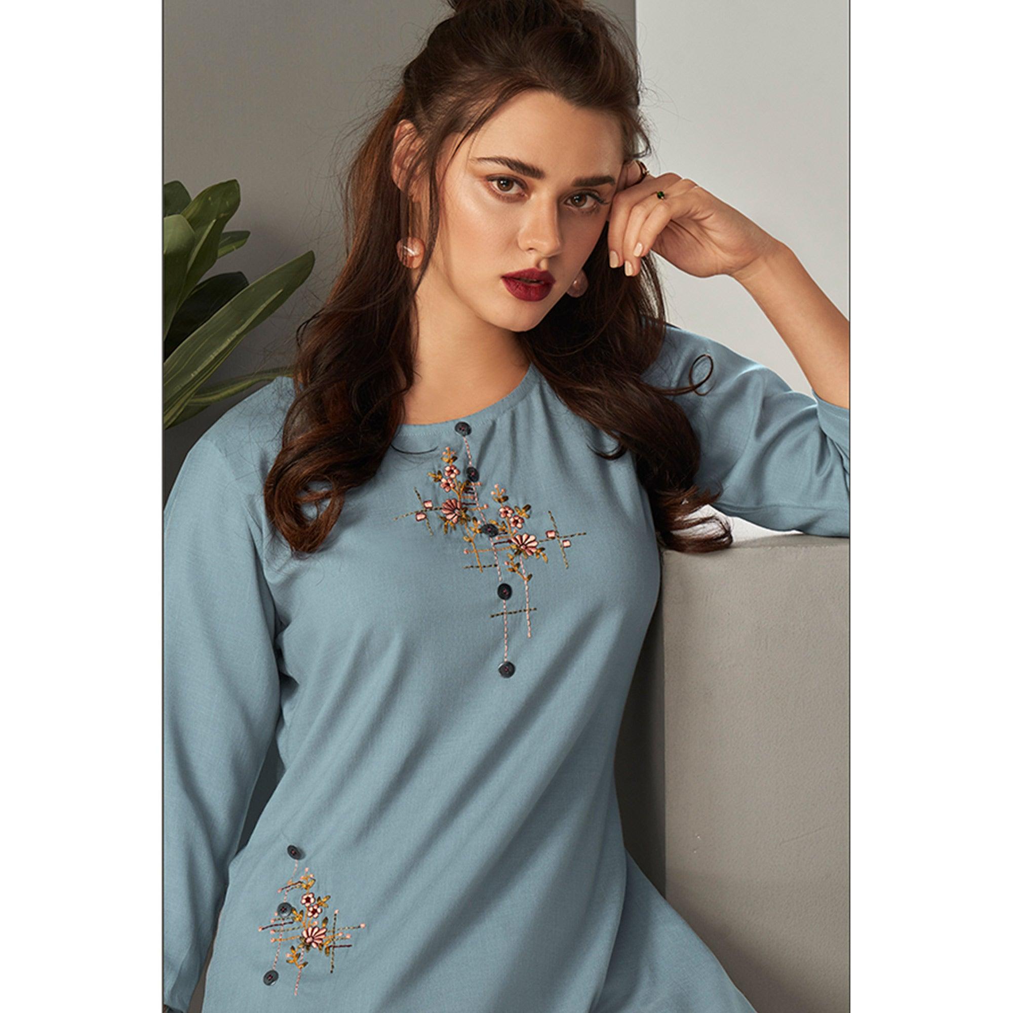 Light Blue Casual Wear Embroidered Pure Viscose Kurti - Peachmode