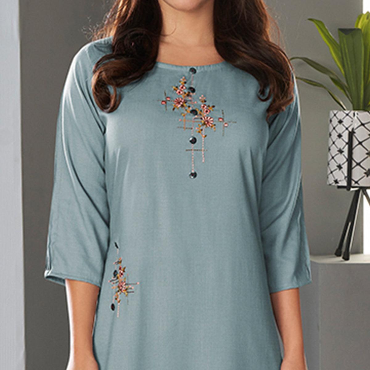 Light Blue Casual Wear Embroidered Pure Viscose Kurti - Peachmode