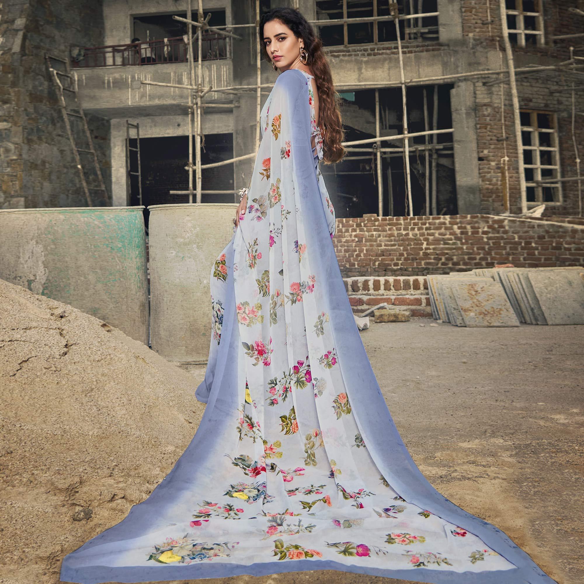 Light Blue Casual Wear Floral Printed Georgette Saree - Peachmode