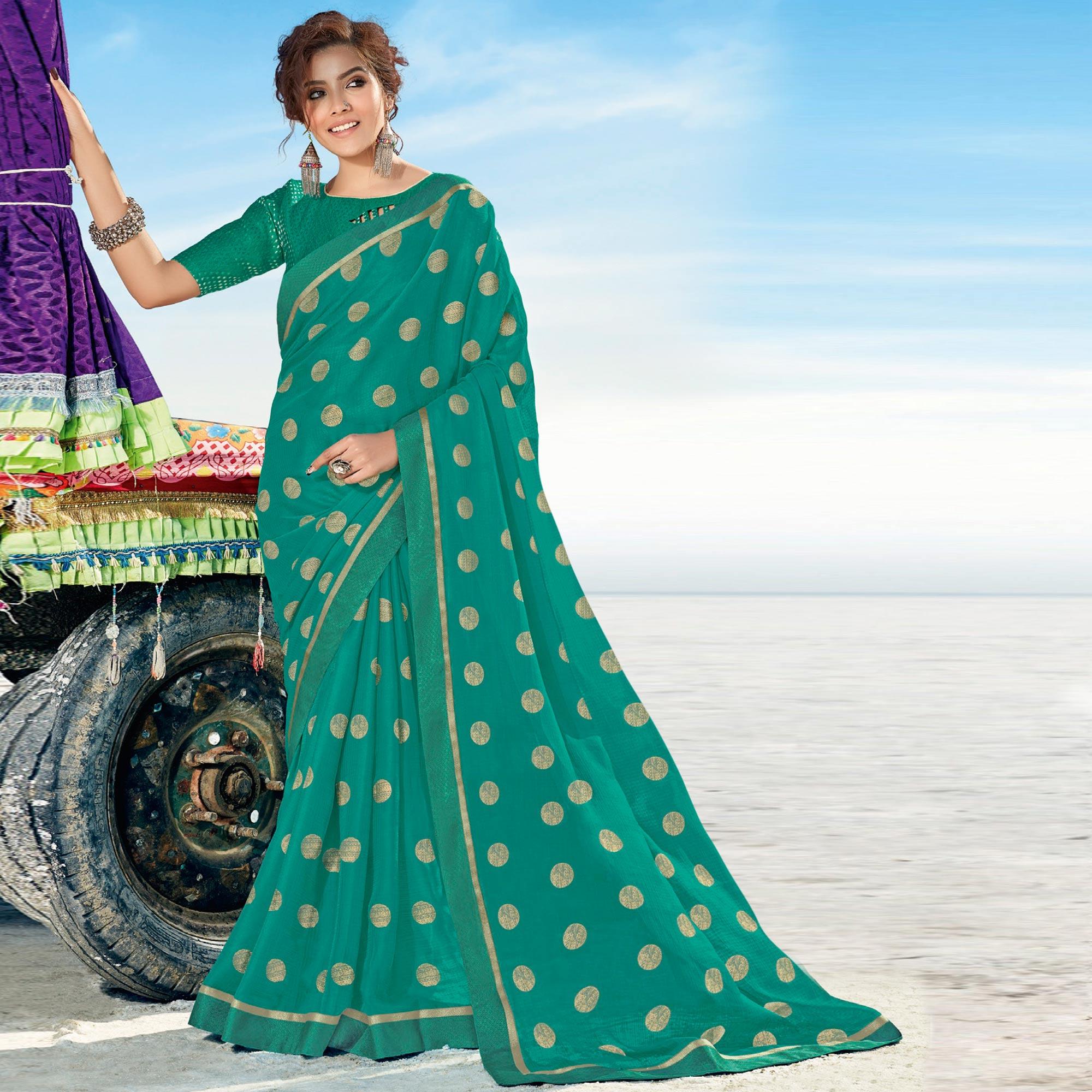 Light Blue Casual Wear Printed Chiffon Saree - Peachmode