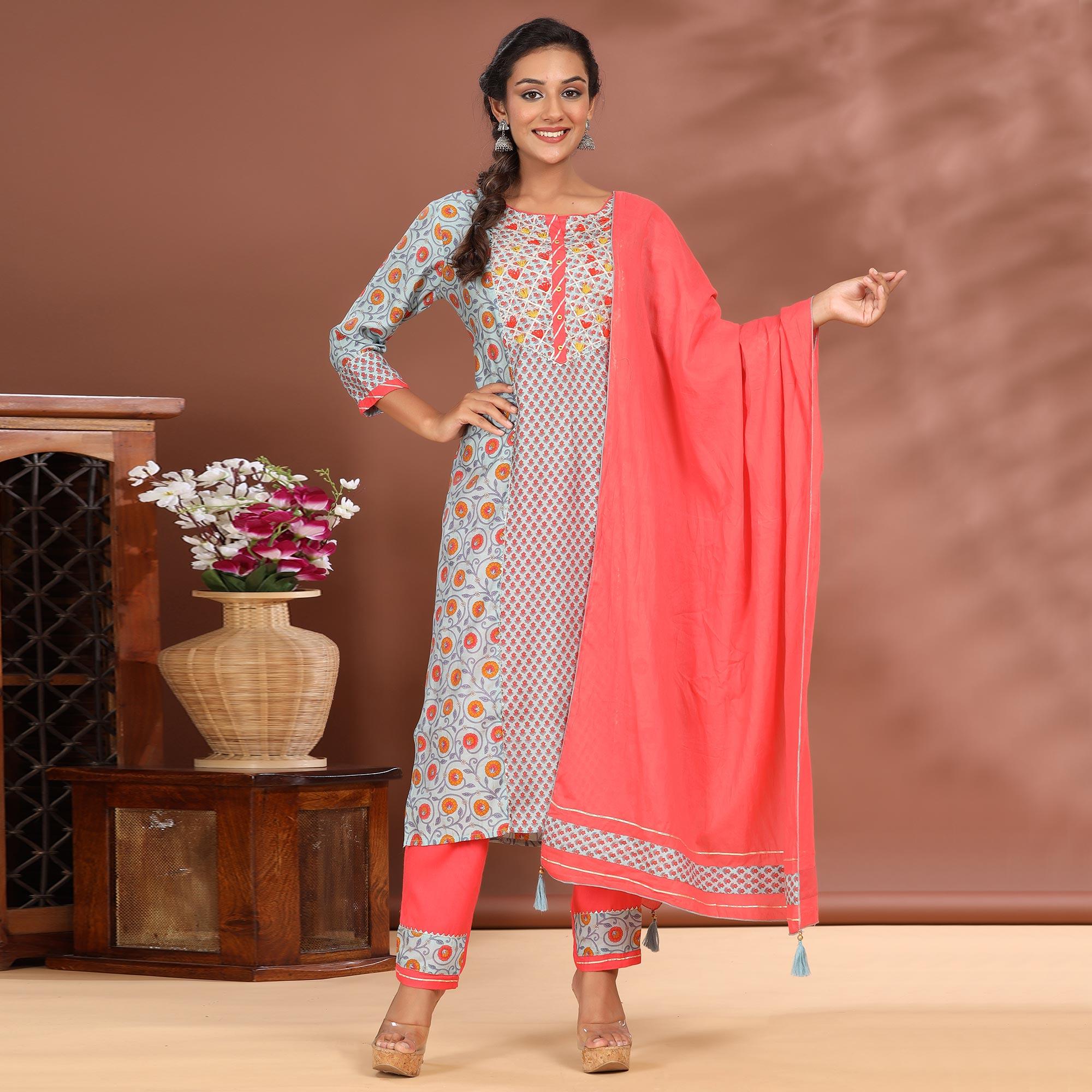 Light Blue Casual Wear Printed Cotton Kurti - Pant Set With Dupatta - Peachmode