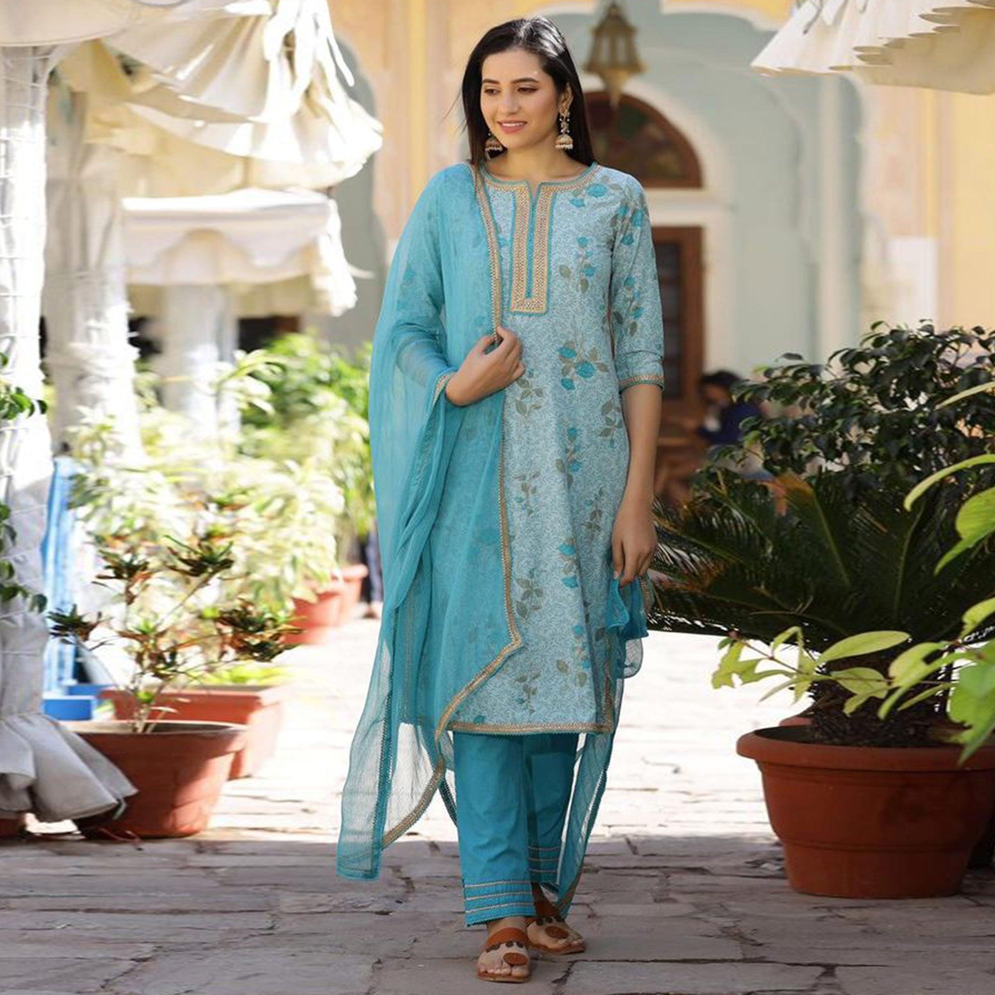 Light Blue Casual Wear Printed Cotton Kurti - Pant Set With Dupatta - Peachmode