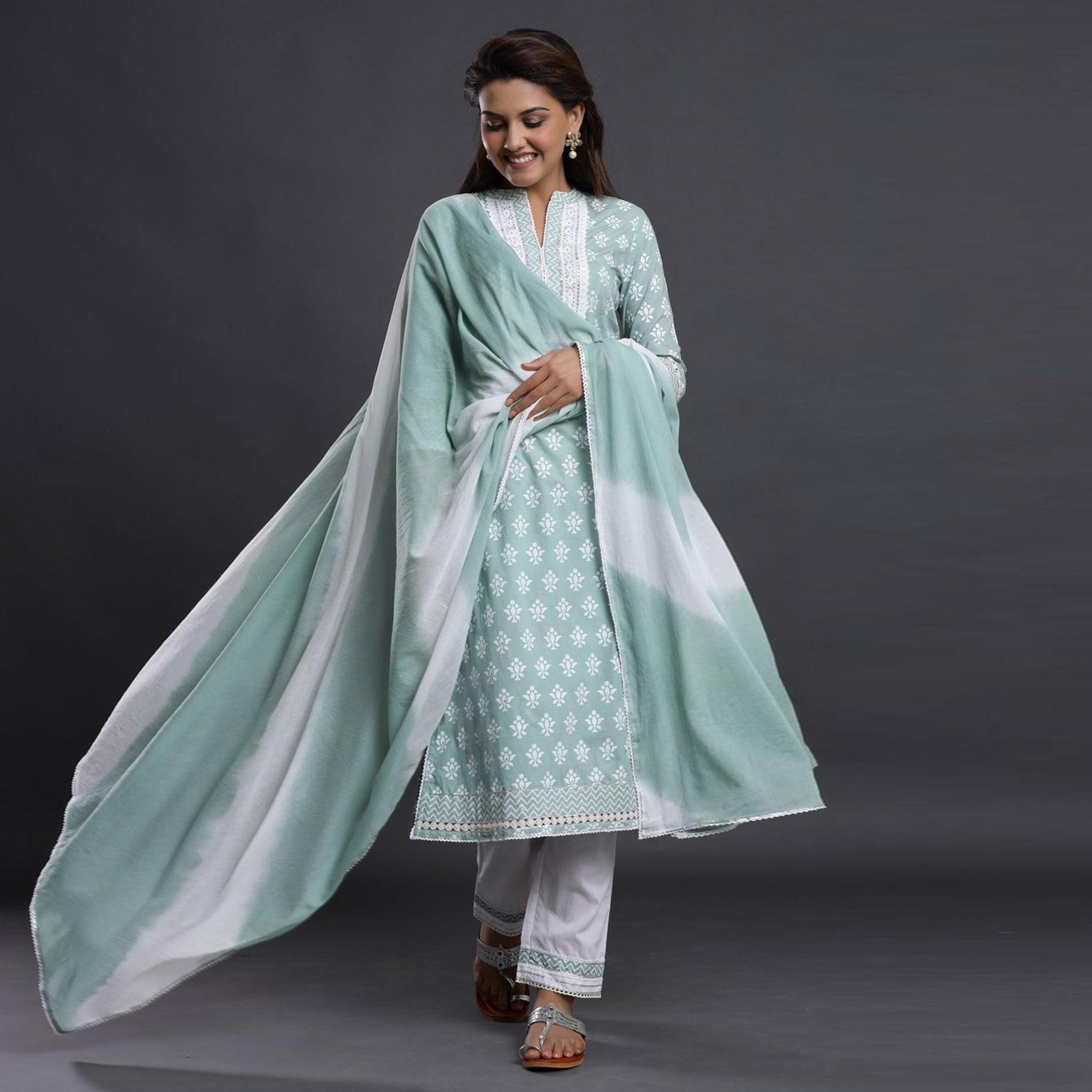 Light Blue Casual Wear Printed Cotton Kurti - Pant Set With Dupatta - Peachmode