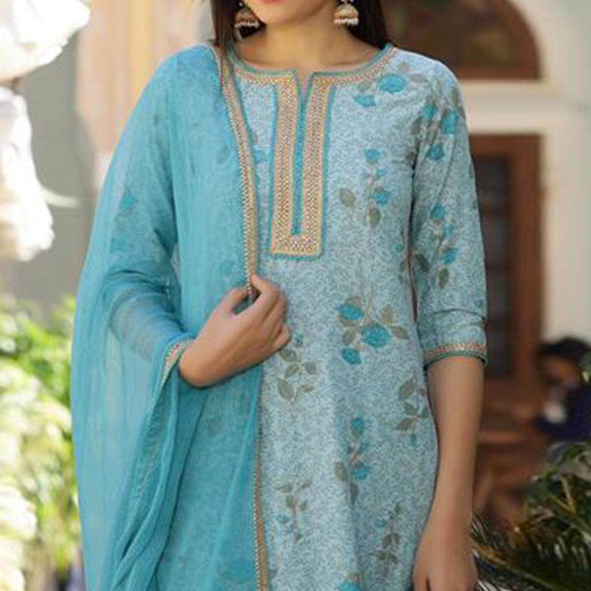 Light Blue Casual Wear Printed Cotton Kurti - Pant Set With Dupatta - Peachmode
