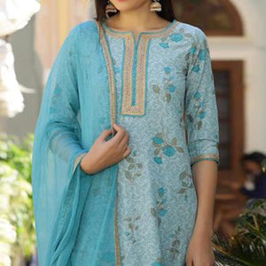 Light Blue Casual Wear Printed Cotton Kurti - Pant Set With Dupatta - Peachmode