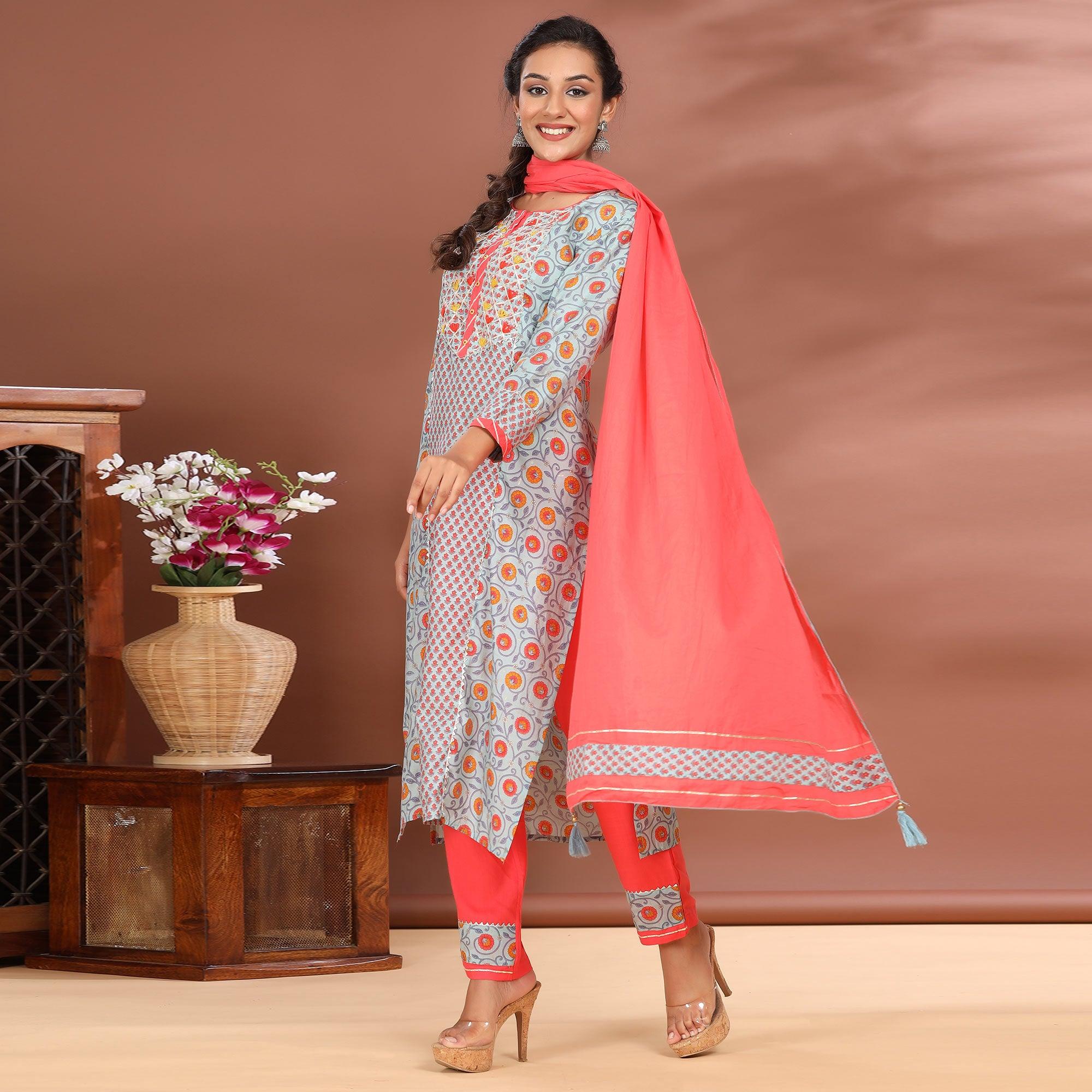 Light Blue Casual Wear Printed Cotton Kurti - Pant Set With Dupatta - Peachmode