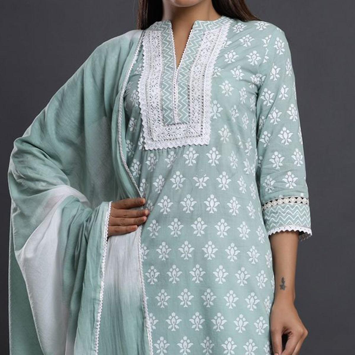 Light Blue Casual Wear Printed Cotton Kurti - Pant Set With Dupatta - Peachmode