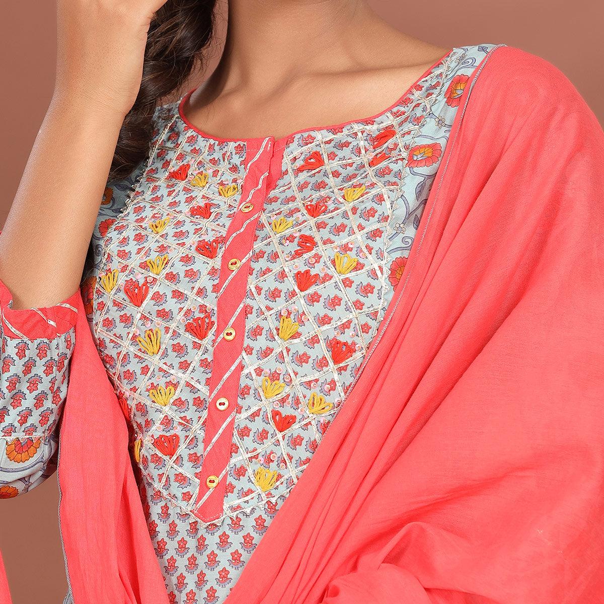 Light Blue Casual Wear Printed Cotton Kurti - Pant Set With Dupatta - Peachmode