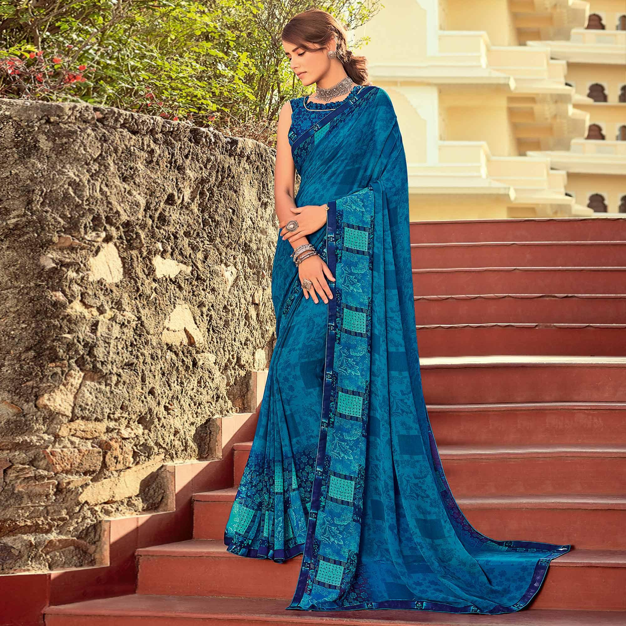 Light Blue Casual Wear Printed Georgette Saree - Peachmode