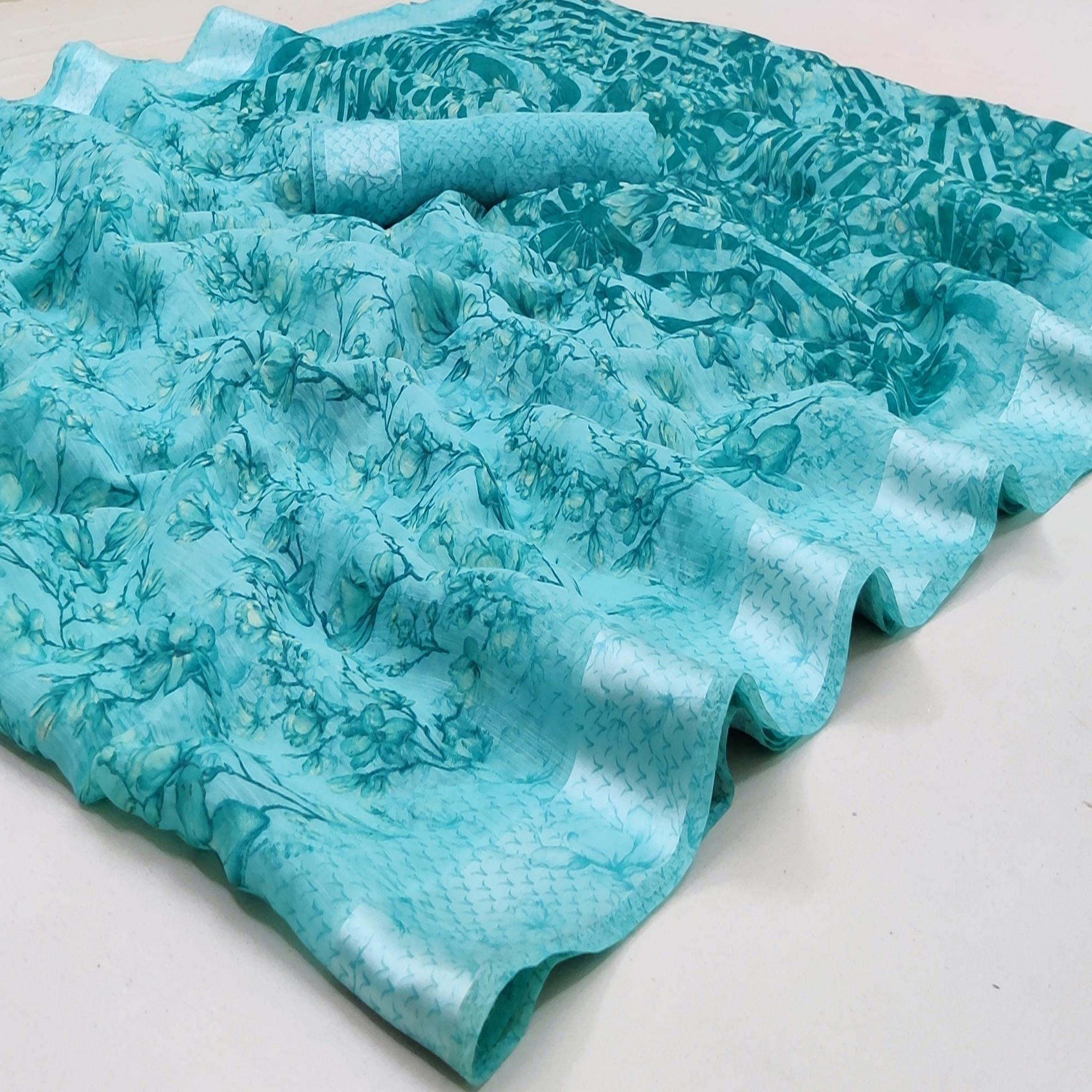 Light Blue Casual Wear Printed Linen Cotton Saree - Peachmode