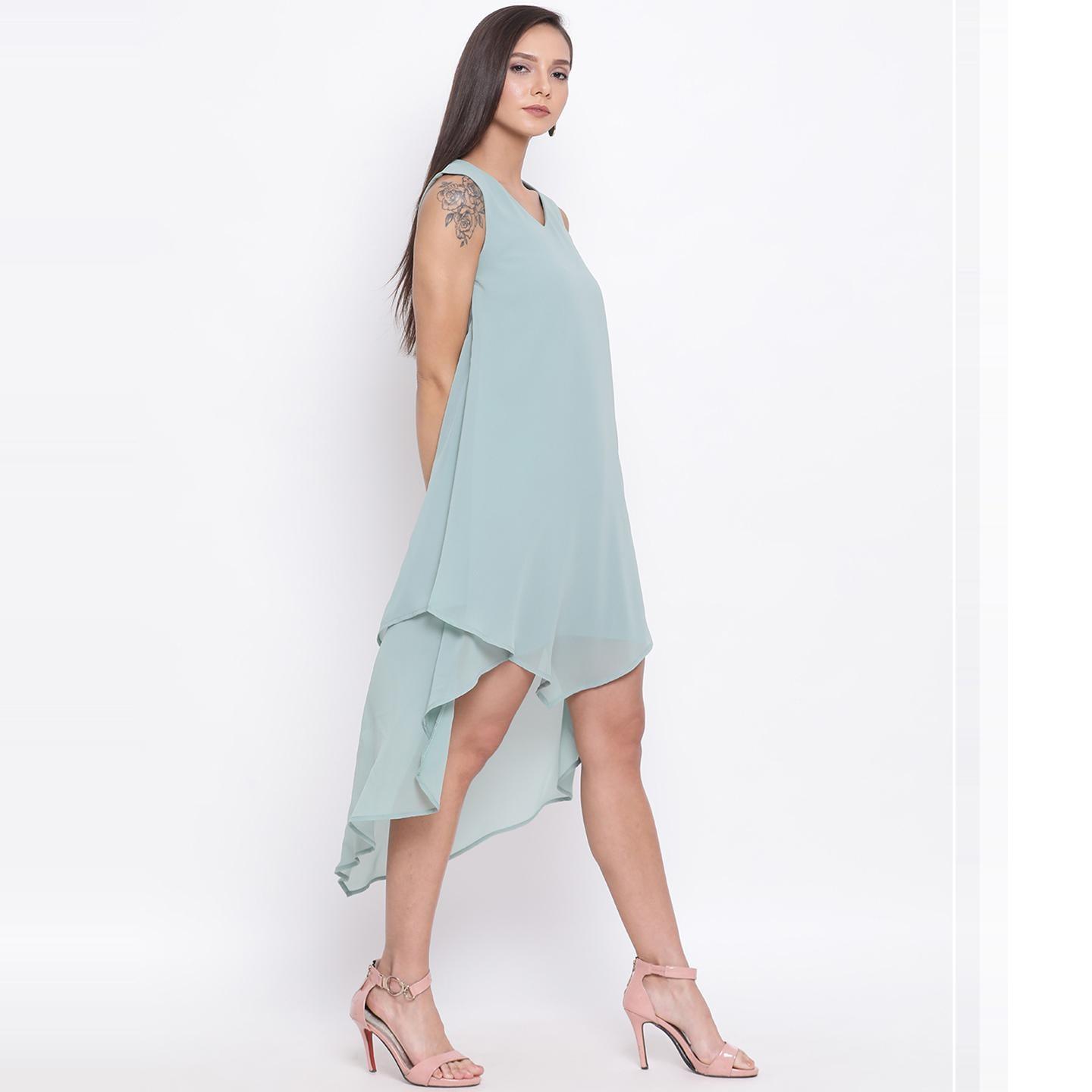 Light Blue Colored Casual Wear Polyester Falre Dress - Peachmode