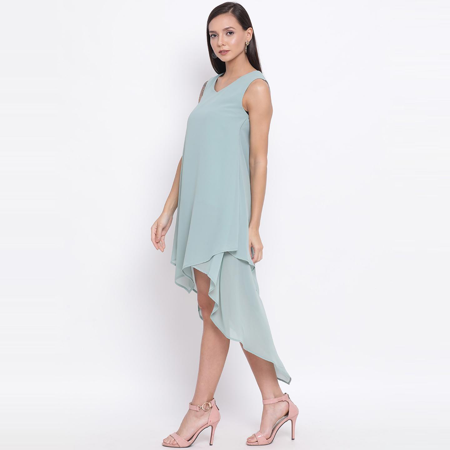 Light Blue Colored Casual Wear Polyester Falre Dress - Peachmode